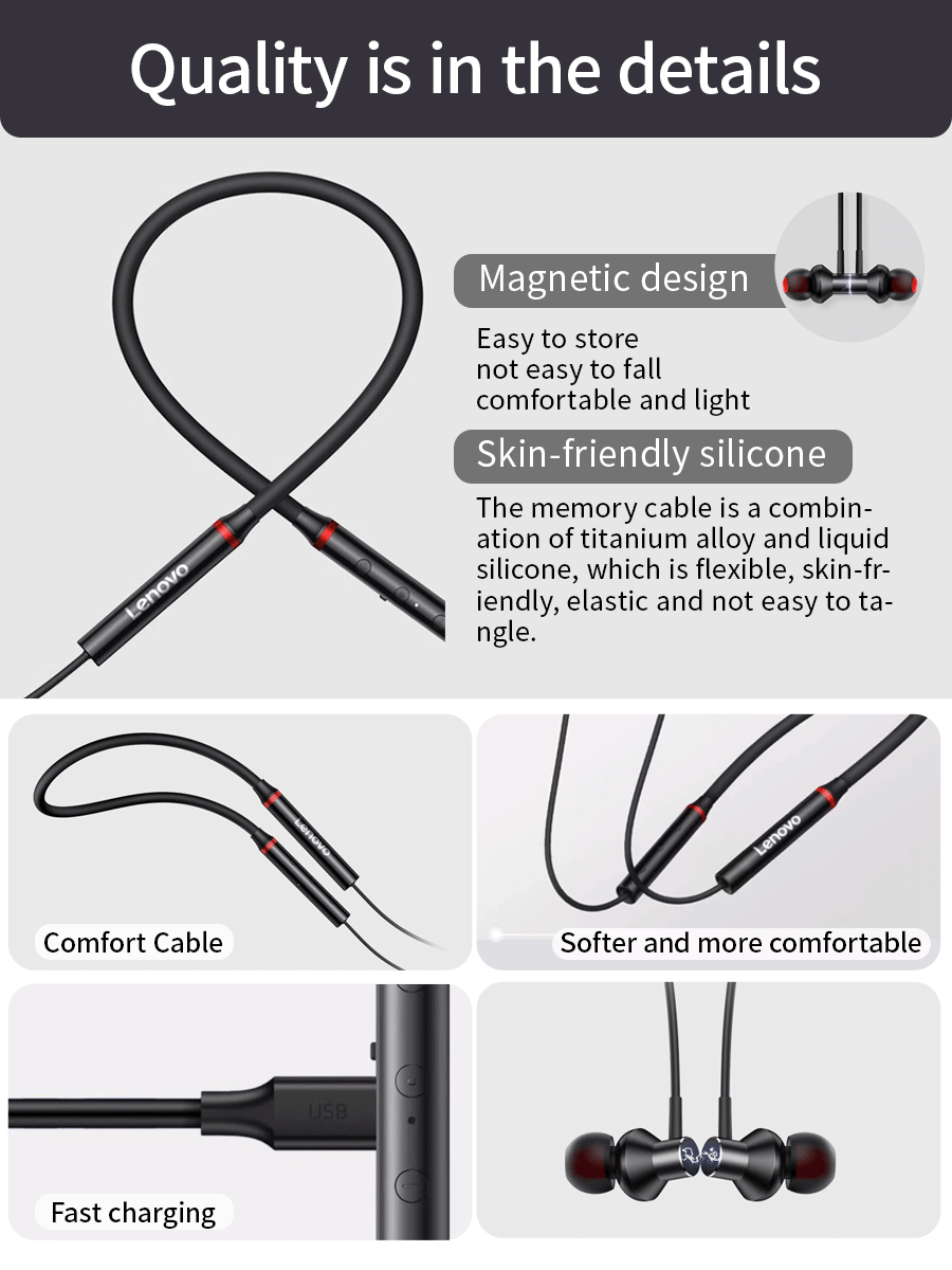 Lenovo 联想 HE05 X 1pc 蓝牙耳机 耳机 防水耳塞 HIFI 音响 磁吸式颈挂式耳机 运动耳机 中文包装 - 黑色 - 查看 5