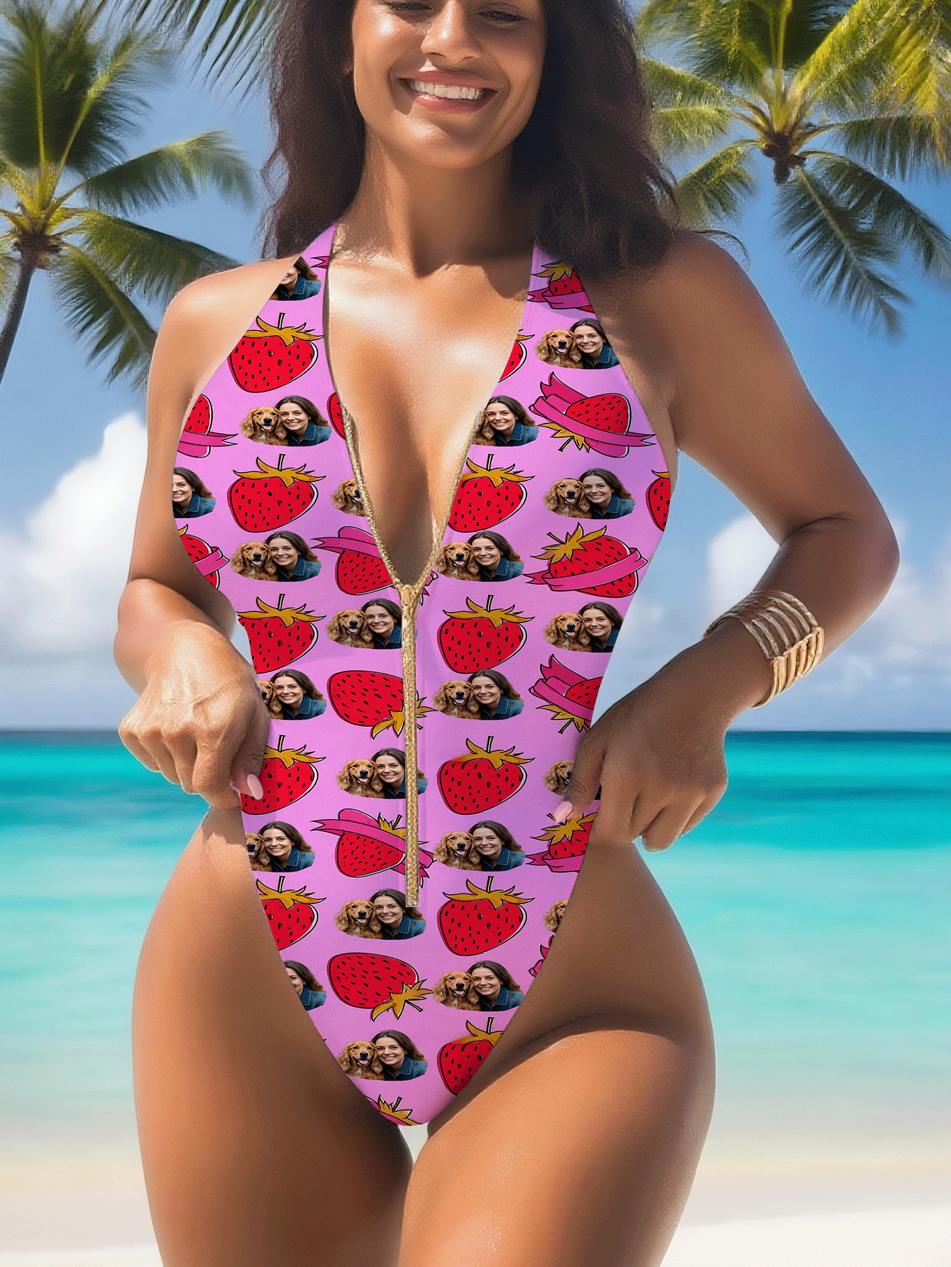 1pc Customized Women's Swimsuit, Face Customization, Personalized, Women's Zipper Strap Backless Swimsuit, Women's High Waist Sleeveless Swimming Swimsuit, Sexy, Girly, Suitable For Pool, Beach, Holiday, Girls Swimwear - Hot Pink - View 5