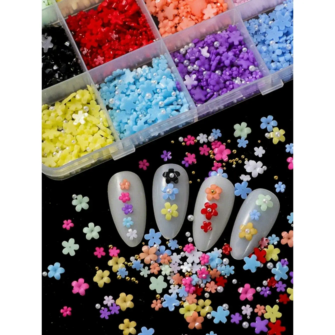 1500 件彩色迷你花朵指甲饰物装饰用品，3D 亚克力花卉美甲，带珍珠金色银色指甲鱼子酱珠，无香指甲装饰配件，适用于美甲和 DIY 工艺品指甲宝石 - 彩色 - 查看 2