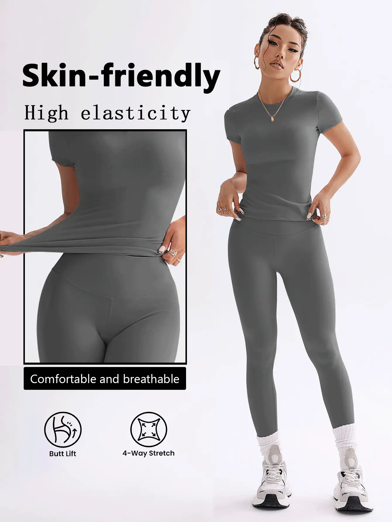 FWH 1. 可爱纯色露脐上衣，弹力修身圆领甜美时尚百搭外套，优雅高腰显瘦休闲收腹日常基础款舞蹈服拉长腿部线条提臀街头跑步瑜伽两件套，春夏款 - 深灰色 - 查看 3