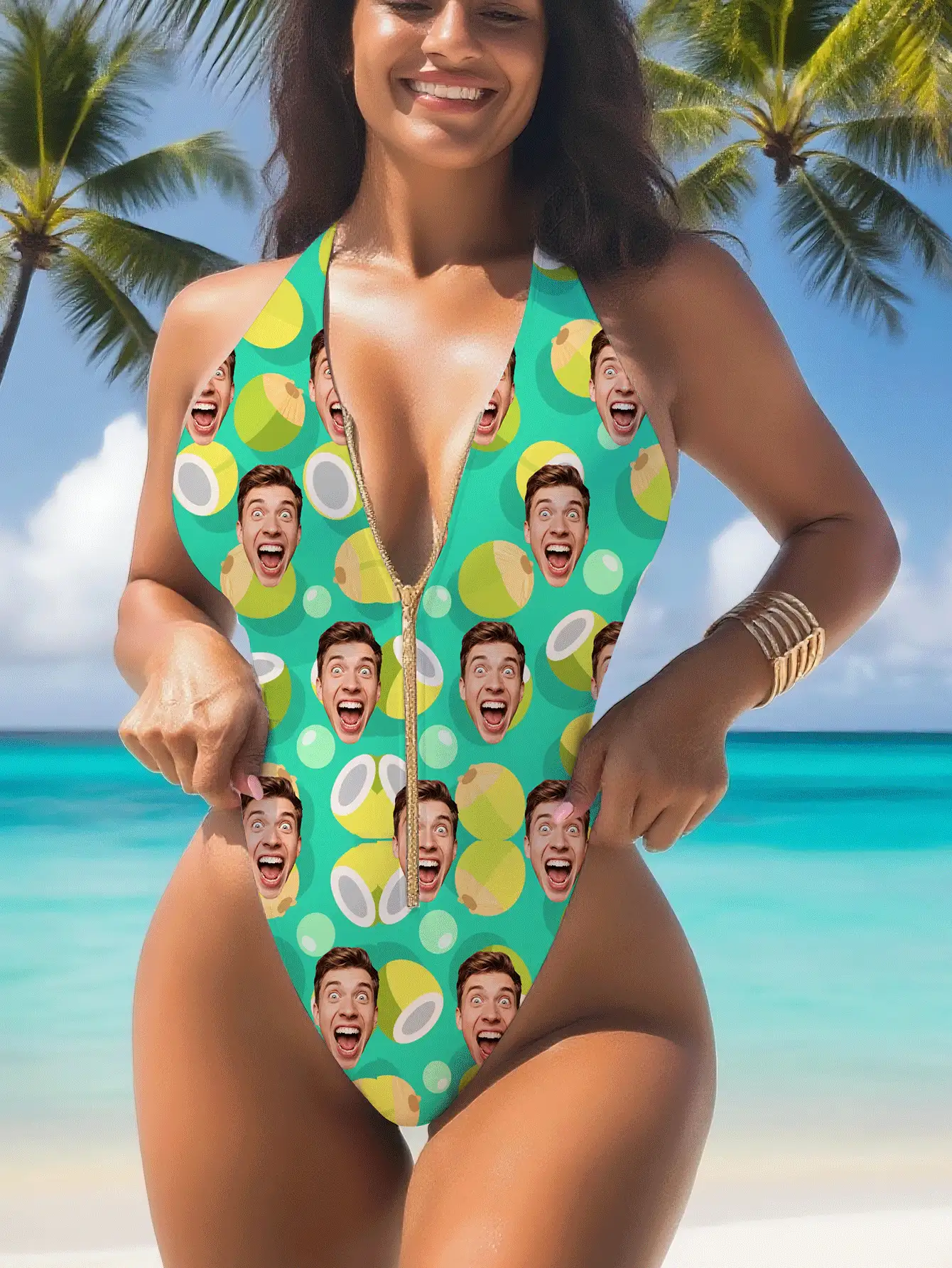 1pc Customized Women's Swimsuit, Personalized Face Print, Zipper Strap Backless Swimwear, High Waist Sleeveless Sexy Swimsuit, Youthful Style, Suitable For Pool, Beach, Holiday - Green - View 5