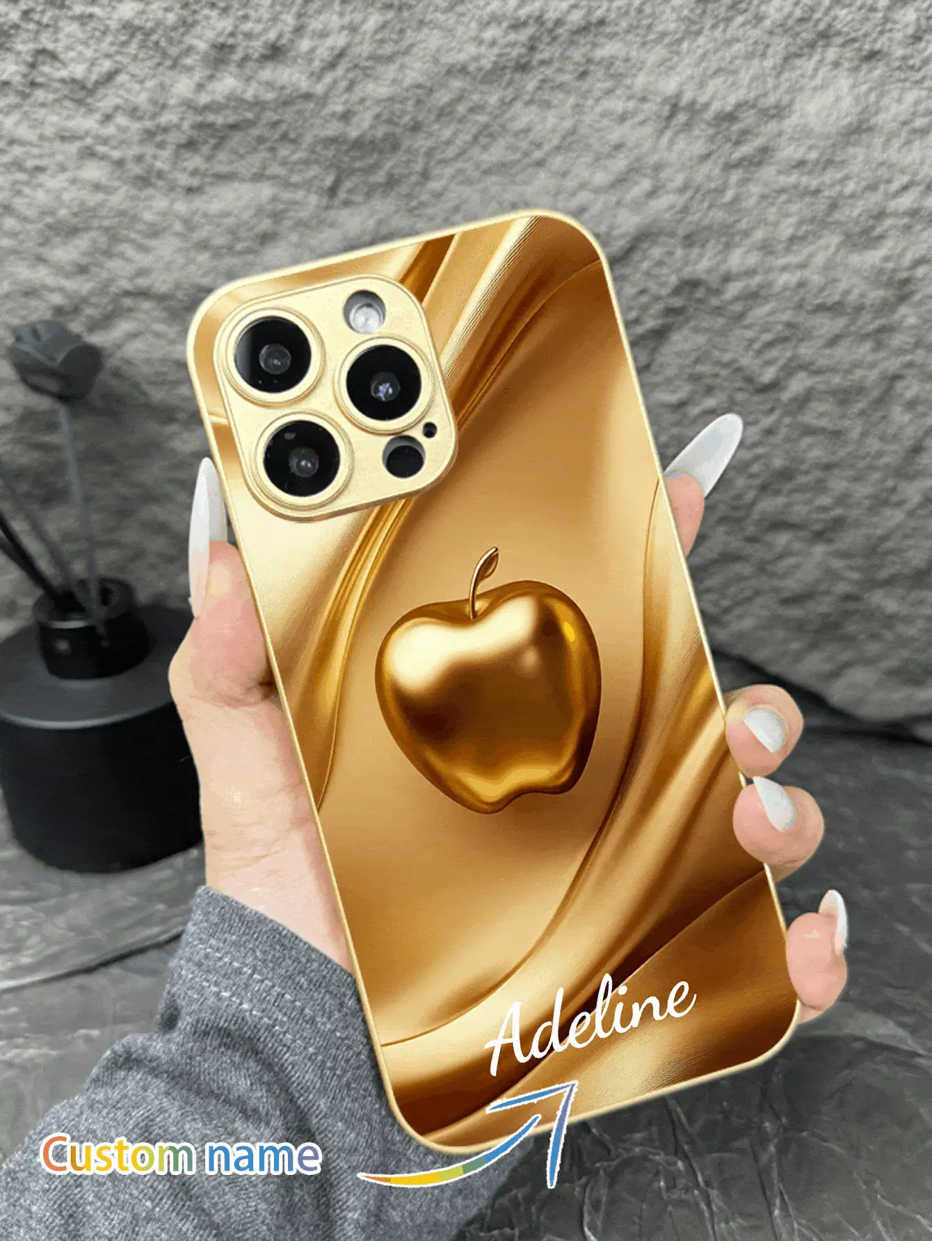 Funda de teléfono de vidrio templado dorado personalizada con patrones de manzana, adecuada como regalo para amigos, parejas, padres, regalo de cumpleaños para iPhone 16 Pro Max, 16 Pro, 15 Pro Max, 15 Plus, 15, 14 Pro Max, 14 Pro, 14 Plus, 13 Pro Max, 13 Pro, 13, 12 Pro Max, 12 Pro, 12, 11 Pro Max, 11, XS Max, XR, S25 Ultra, S24 Plus, S20 FE, S22 Plus, S21 Funda protectora de teléfono - Dorado - Ver 2