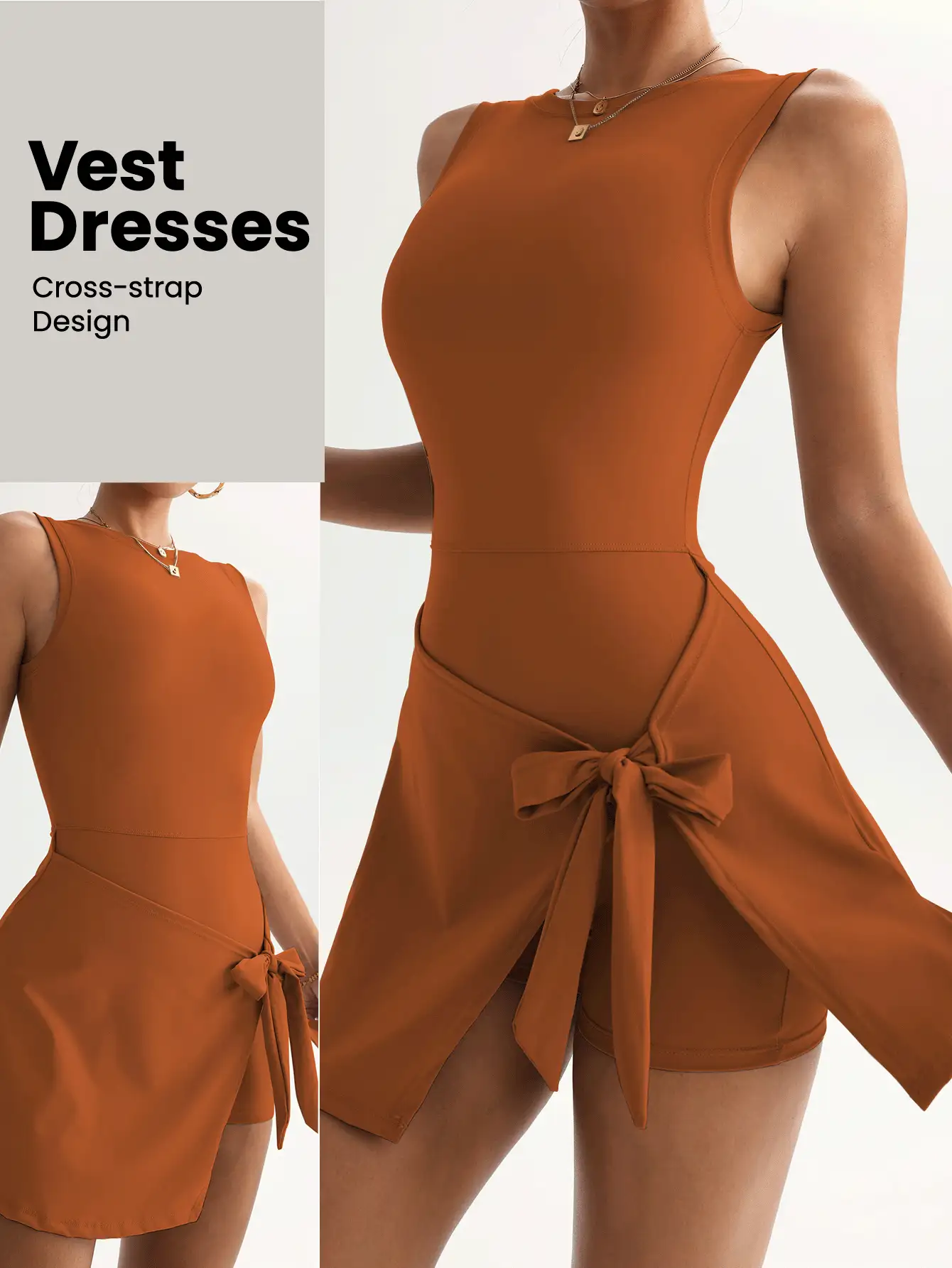 FWH 无袖优雅夏季连衣裙，腰部系带，胸部塑形，适合瑜伽/健身，前部蝴蝶结装饰+后部镂空设计，开衩拉长腿部线条，收腰设计，从办公室到健身房皆可穿着，精致优雅，可调节腰带+内置短裤，胸部塑形，四向弹力面料，透气后片，复古风格女士健身连衣裙 - 棕色 - 查看 2