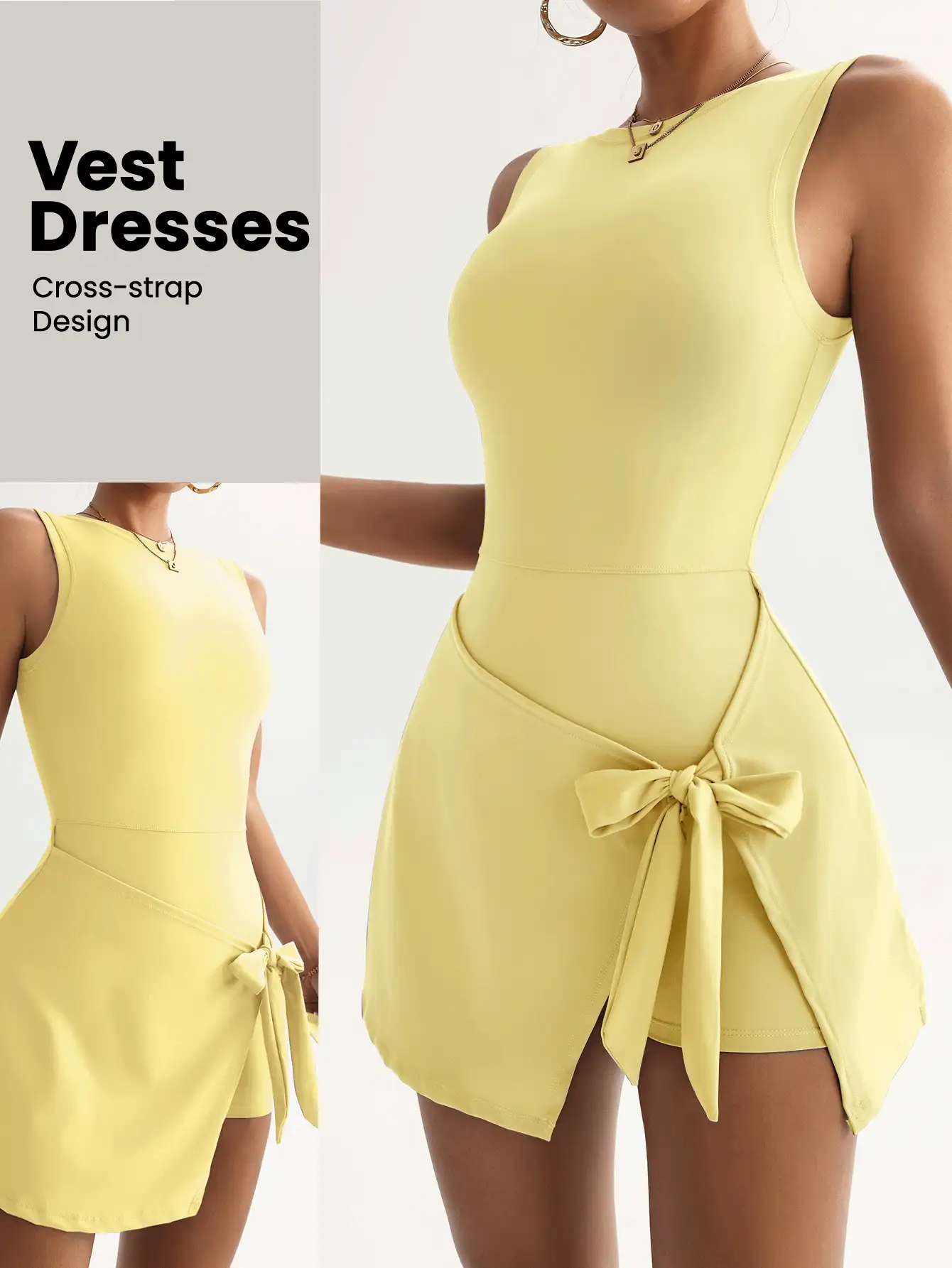 FWH 二合一防走光休闲优雅高尔夫网球服，无袖日常基本款新款时尚腰带高级显瘦性感修身学院风美背紧身运动健身系带瑜伽连衣裙夏季 - 黃色 - 查看 2