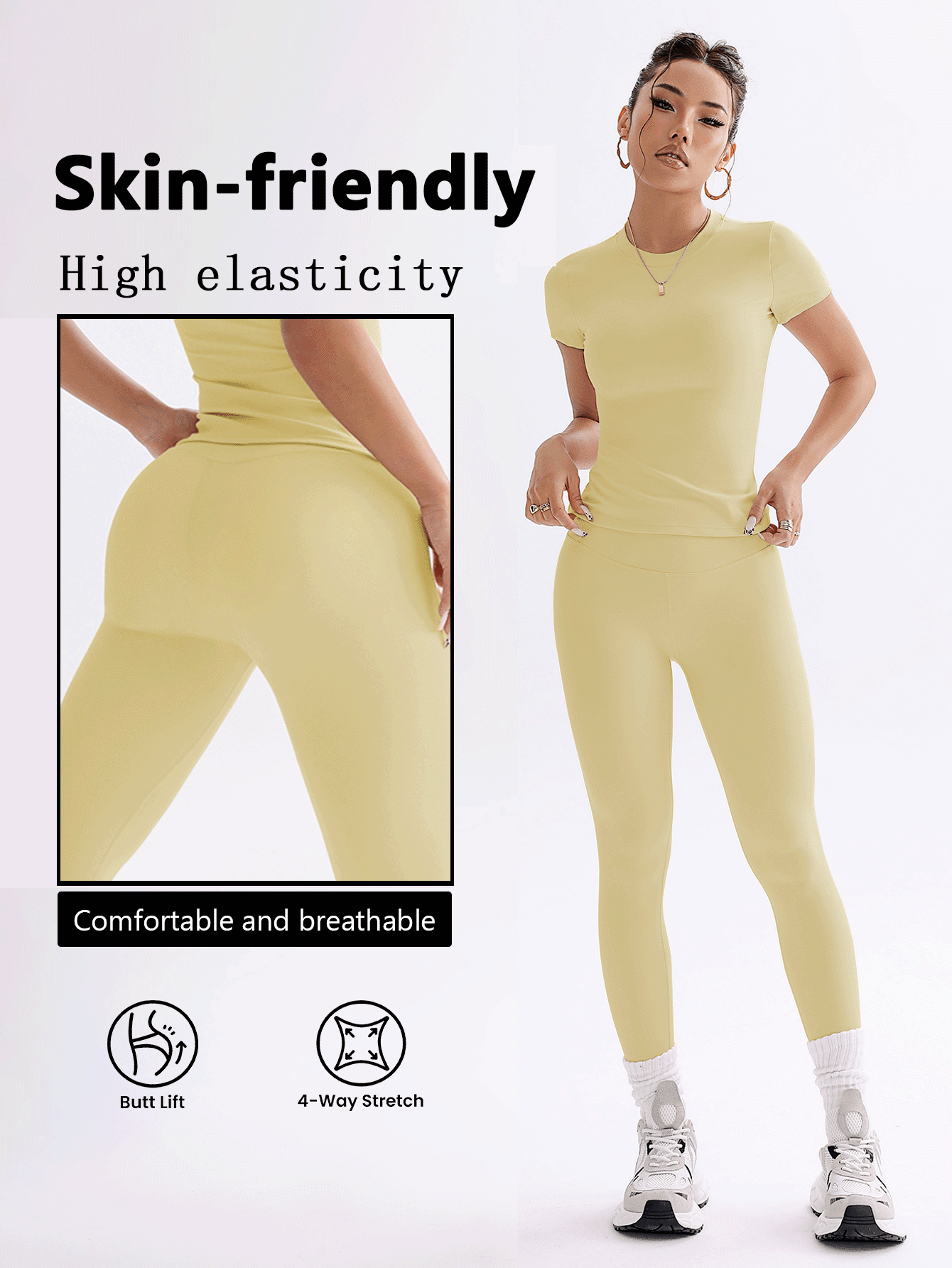 FWH 1. 可爱纯色露脐上衣，弹力修身圆领甜美时尚百搭外套，优雅高腰显瘦休闲收腹日常基础款舞蹈服拉长腿部线条提臀街头跑步瑜伽两件套，春夏款 - Butter Yellow - 查看 2