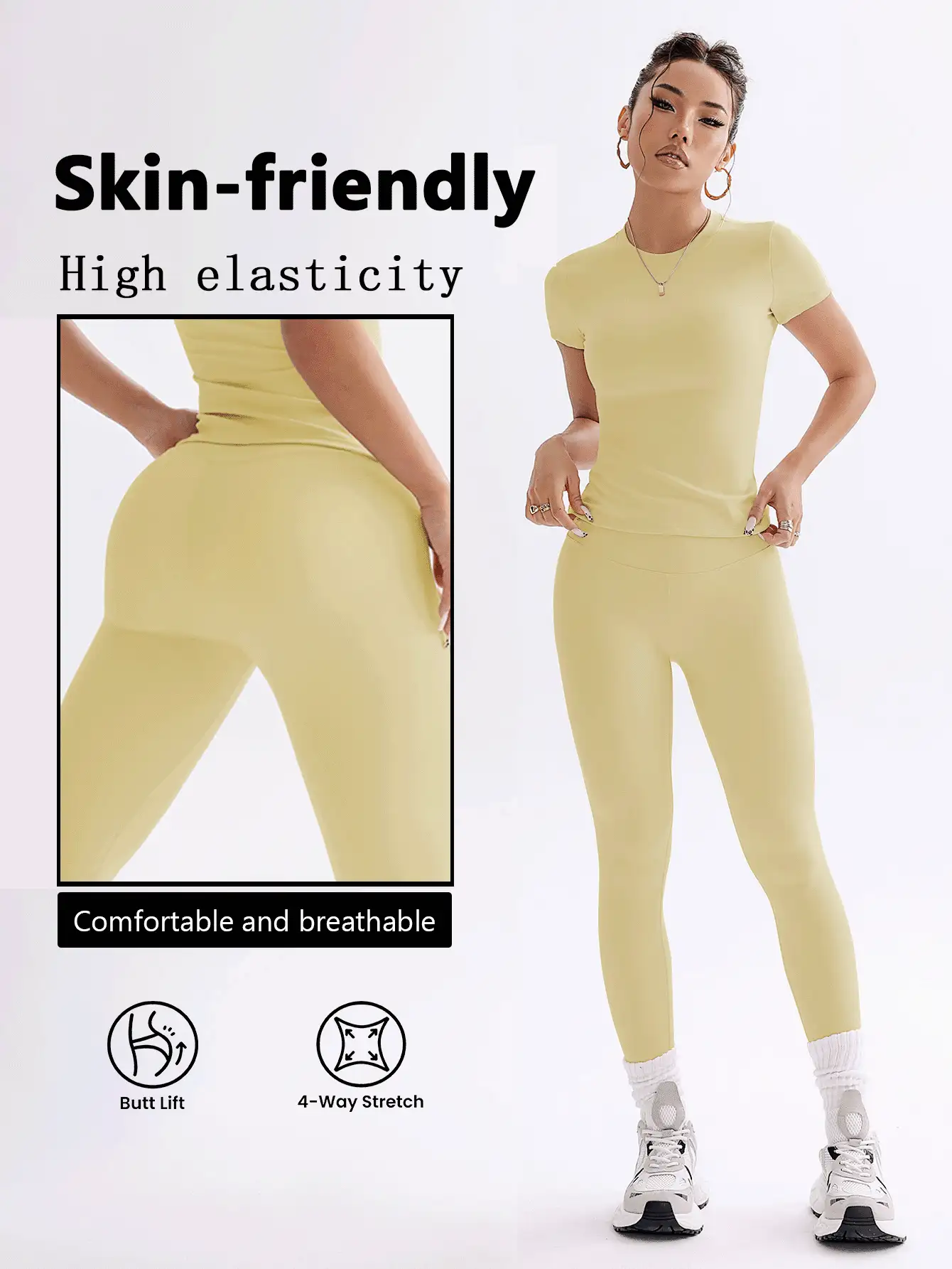 FWH 1. 可爱纯色露脐上衣，弹力修身圆领甜美时尚百搭外套，优雅高腰显瘦休闲收腹日常基础款舞蹈服拉长腿部线条提臀街头跑步瑜伽两件套，春夏款 - Butter Yellow - 查看 2