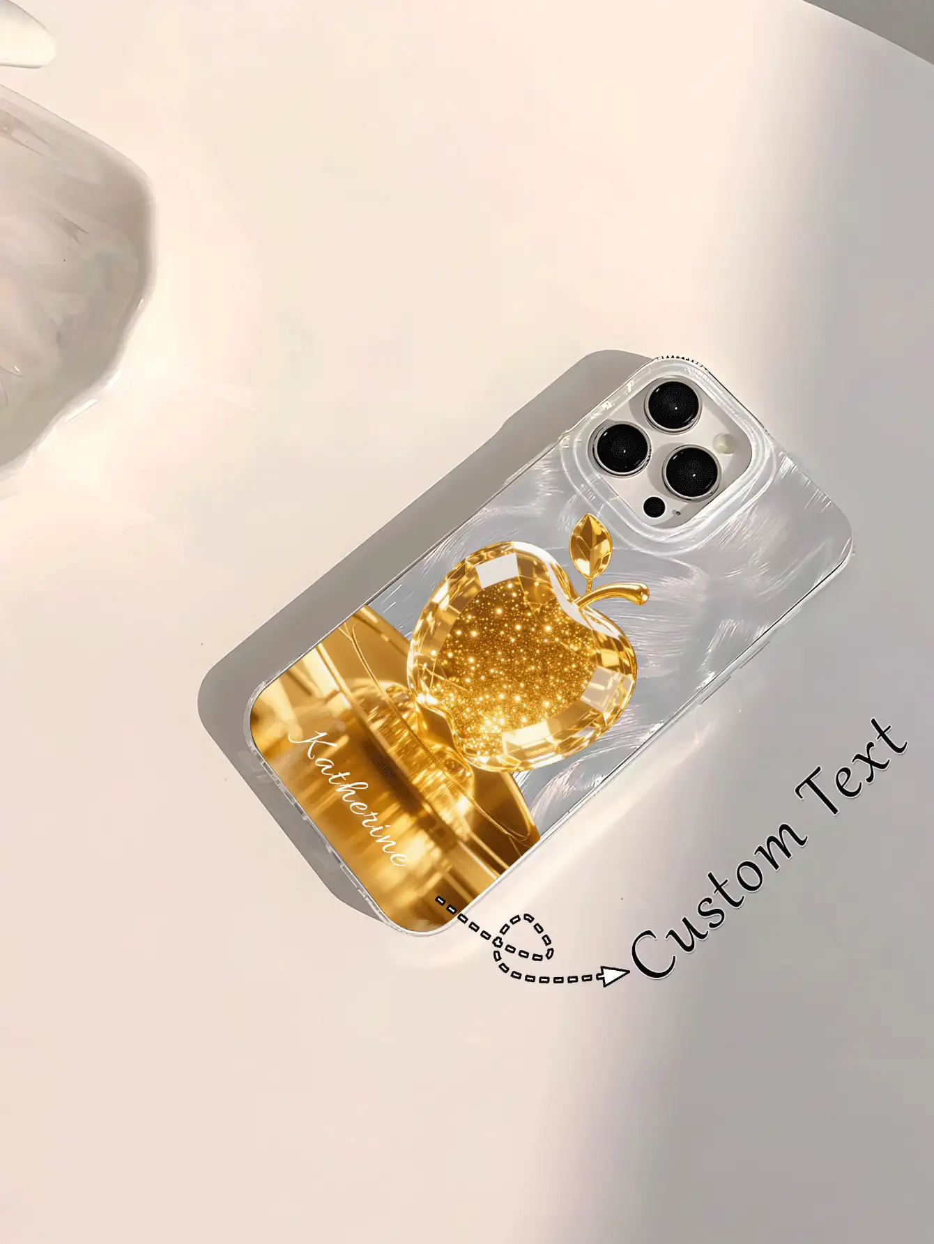 1 pieza Funda protectora de teléfono personalizada con patrón de manzana dorada, transparente, suave, brillante, lisa, de gasa, brillante, impermeable, a prueba de golpes y antideslizante, adecuada para iPhone 16 Pro Max/15Pro/14 Plus/13 Pro/12 Pro Max/11/XsMax/8/7, multicolor, linda, divertida, minimalista, Kawaii personalizada, única, regalo ideal para novio/novia