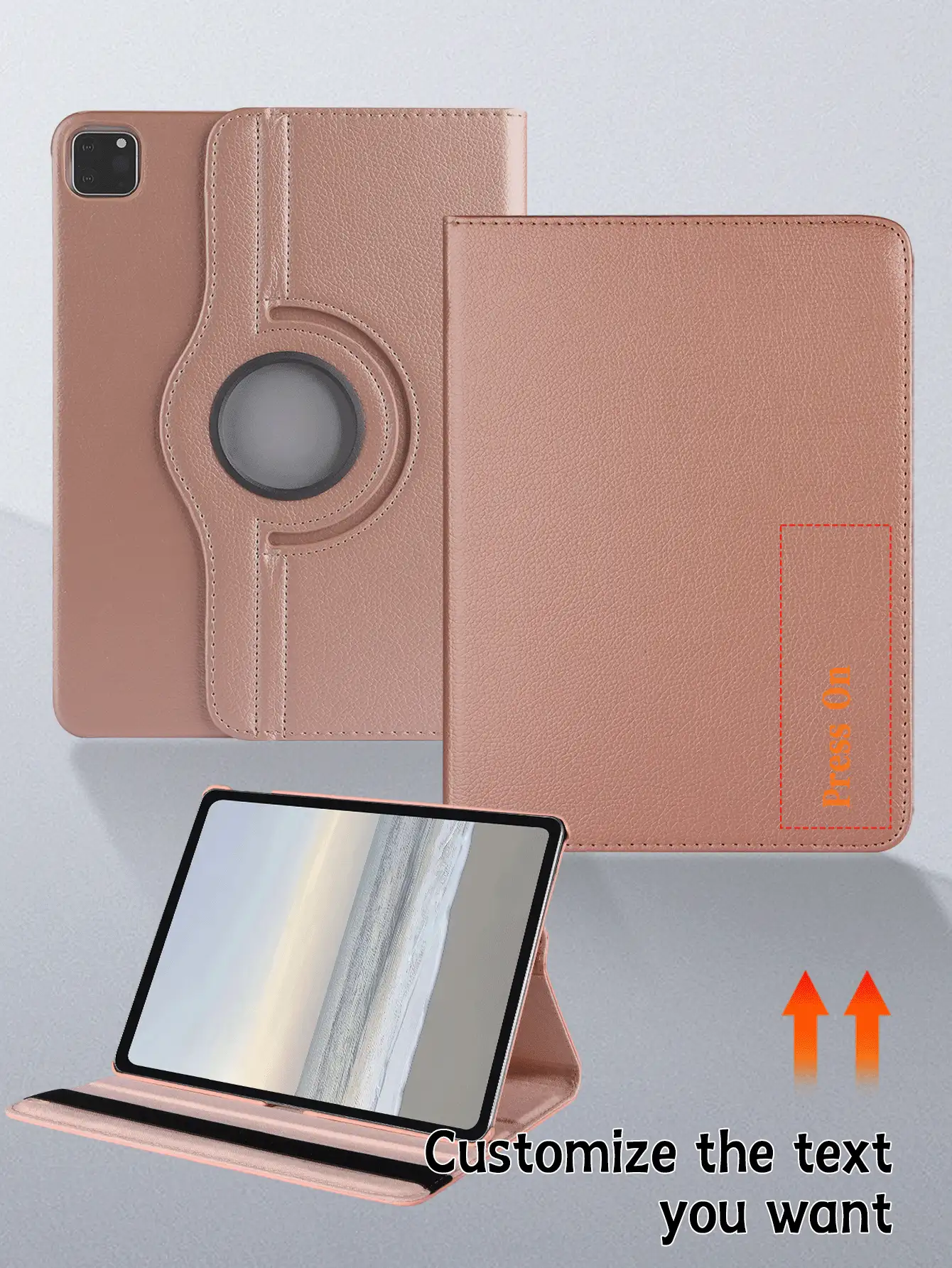 360° Rotatable Litchi Texture Tablet Case, Rose Gold, Customizable Text, Suitable For IPad Mini 6/7, 9.7, 10.2, 10.5, Air 4/5, 10th, 10.9, Pro 11", Air 11" (M2) 2024, Pro 11" (M4) 2024, Air 11" (M3) 2025, 11" (A16) 11th Gen 2025, 3-Angle Stand, Elastic Band, PU Leather, Auto Sleep/Wake