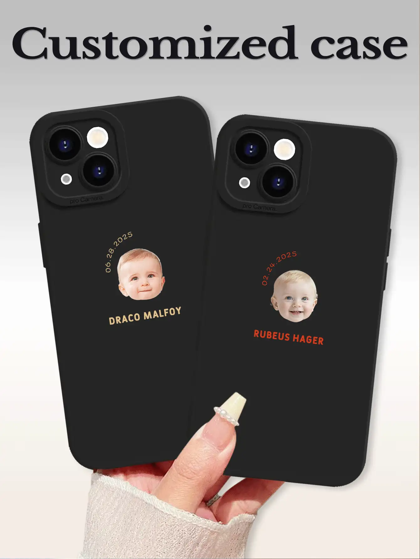 1 件极简肖像、日期、姓名和文字定制全覆盖硅胶镜头保护手机壳，兼容 16、15、14、13、12、11 Pro Max - 黑色 - 查看 2