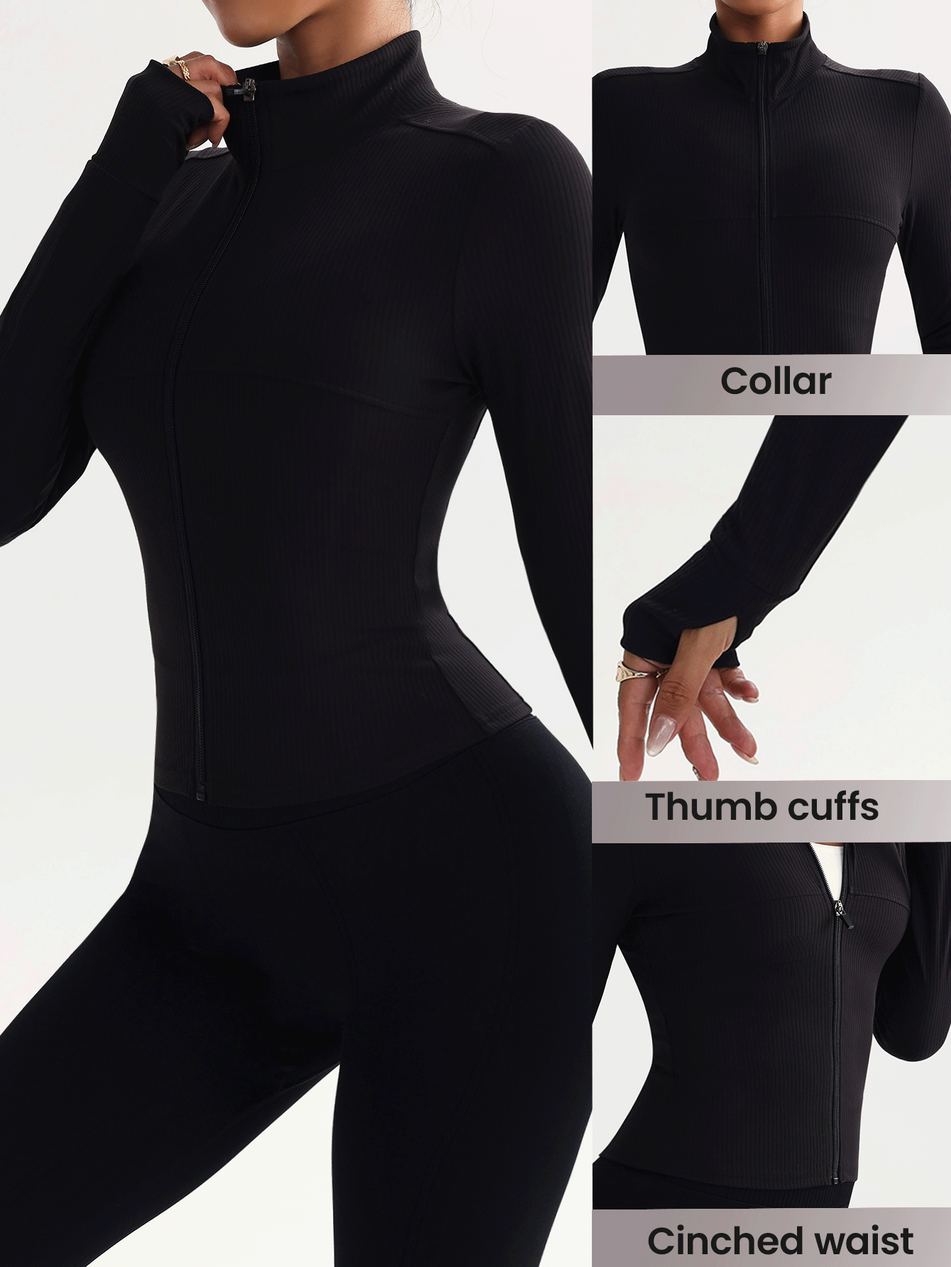FWH 可调节高领/领口设计，专业剪裁，适合全天活动，多种运动场合，如健身/户外/瑜伽，运动时尚，可转换设计，专业运动时尚，带拇指孔训练上衣，修身拉链瑜伽外套带拇指孔，女士可转换高领训练外套黑色冬季款 - 黑色 - 查看 2