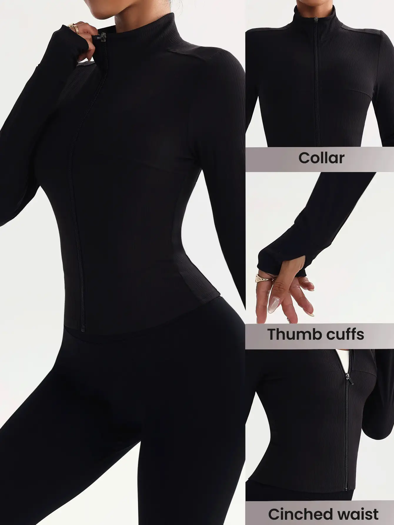 FWH Thiết kế cổ áo cao có thể điều chỉnh, đường may chuyên nghiệp, phù hợp cho các hoạt động cả ngày, nhiều dịp thể thao như tập thể dục/ngoài trời/yoga, thời trang thể thao, thiết kế đa năng, thời trang thể thao chuyên nghiệp, áo tập luyện có lỗ xỏ ngón tay cái, áo khoác yoga ôm sát có khóa kéo và lỗ xỏ ngón tay cái, áo khoác tập luyện cổ cao đa năng màu đen mùa đông dành cho nữ - màu đen - Xem 2