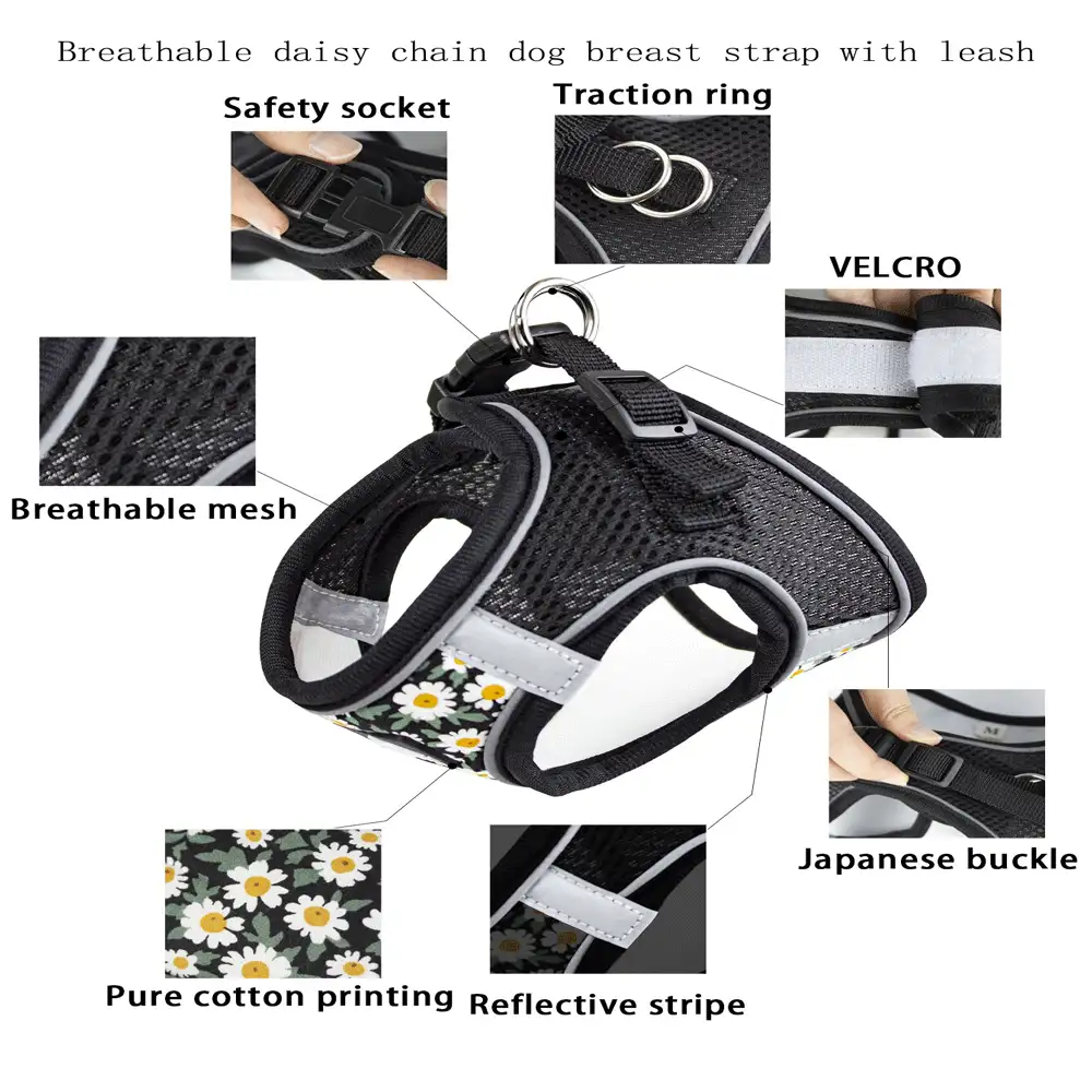1 Set Sunflower Floral Pattern Breathable Mesh Dog Harness And Leash, Casual And Fashionable, Reflective For Nighttime Visibility, 360-Degree Anti-Escape Design, Adjustable Length, Convenient Handheld And Leash Use - Black - View 5