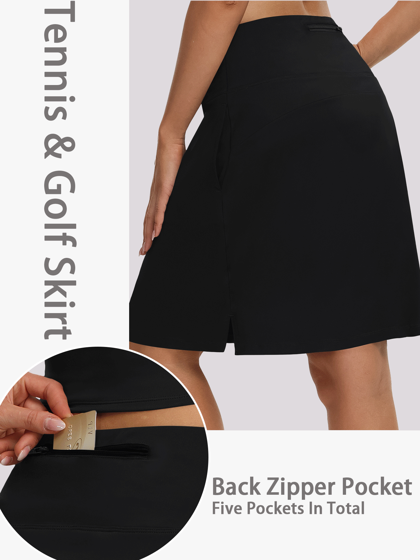 Dam 2-i-1-kjol i svart, medellång sportklänning med innerfickor – perfekt för tennis och golf, löpning, yoga och fitness, vardagskläder och fritidskläder. - Svart - Visa 2