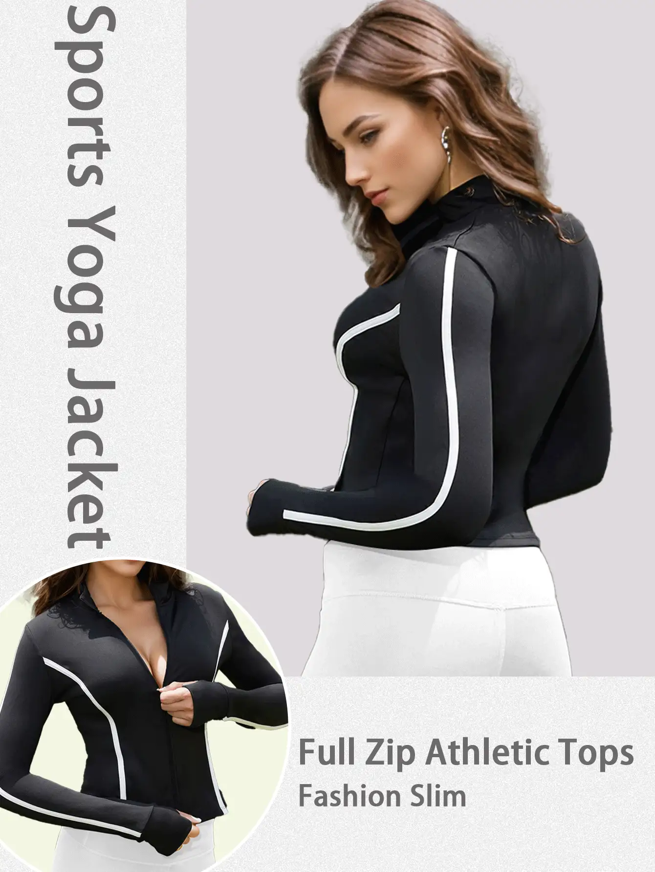 Chaqueta deportiva de yoga ajustada con cuello alto y ribetes de contraste para mujer, chaqueta de manga larga con cremallera completa y ojales para el pulgar, perfecta para fitness, entrenamiento y uso diario casual.
