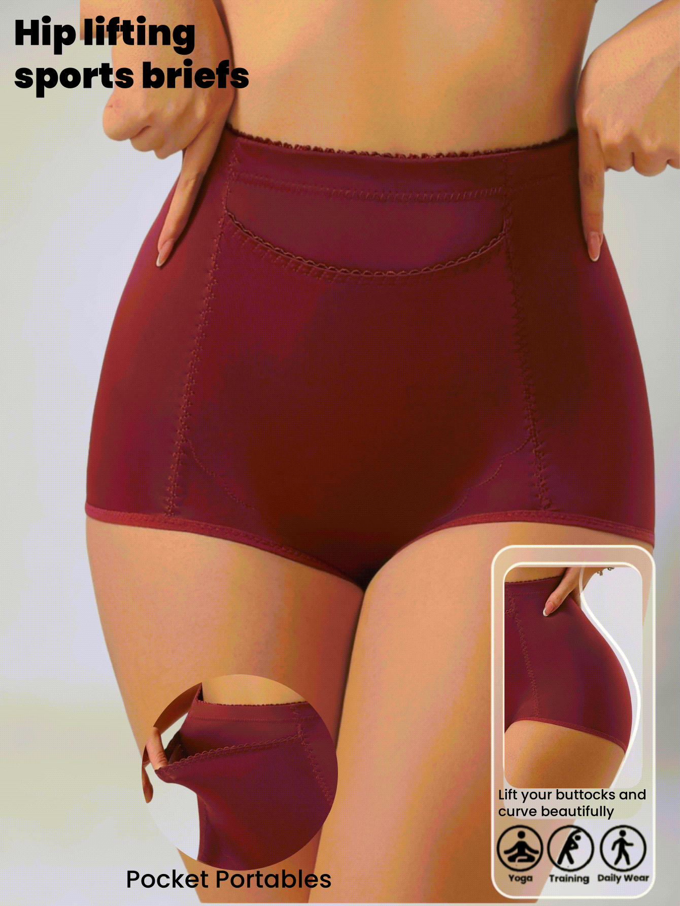 1pc Plus Size Women High Waist Tummy Control Breathable Sports Panties, Front Pocket Design Suitable For Yoga, Workout And Daily Wear - Burgundy - View 2