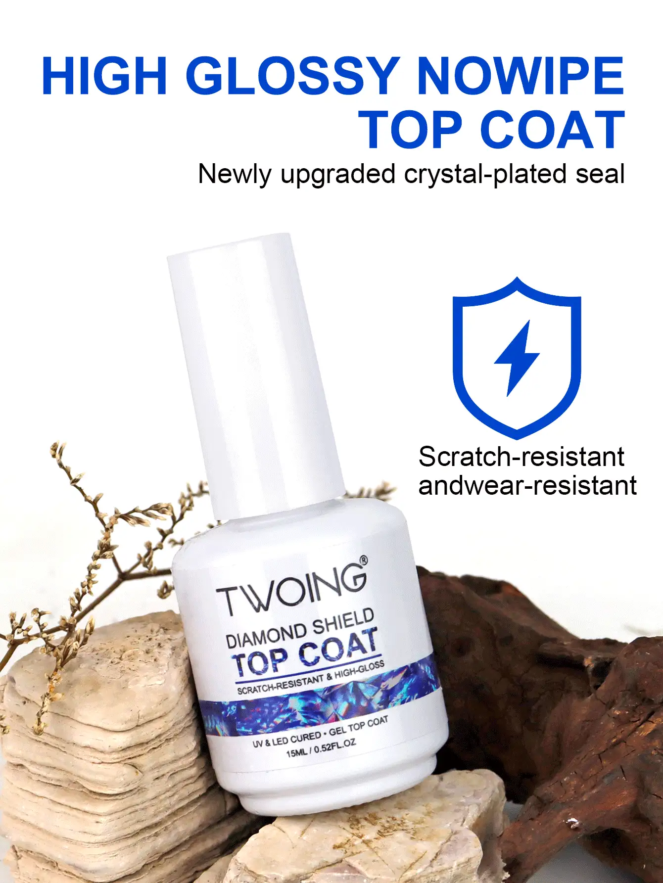 TWOING 2 瓶 15ml 玻璃面漆持久透明面漆 LED UV 强化指甲高光泽面漆凝胶指甲油防刮、晶莹剔透、专业美甲密封剂，适用于沙龙和 DIY 美甲 - 無色 - 查看 12