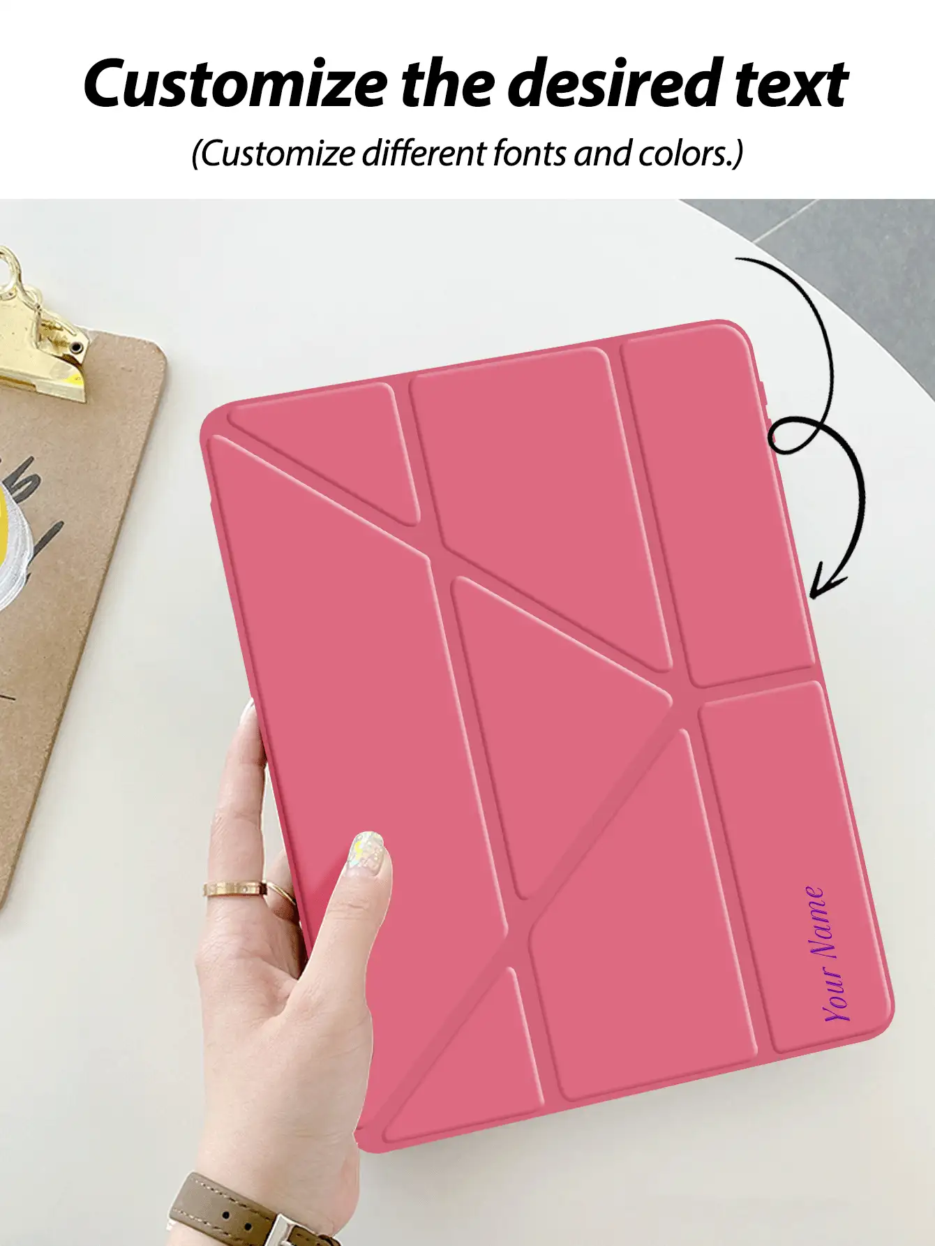 1 pieza Rosa Transparente Funda protectora plegable plana en forma de Y de acrílico, texto personalizable, sin lápiz óptico incluido, algunos modelos con marco de lente, soporte plegable de varios ángulos, ranura para lápiz óptico incorporada, cubierta trasera de acrílico de alta transparencia, anti-arañazos y anti-doblado, suspensión/activación magnética automática, diseño minimalista/casual/personalizado - Sandía roja - Ver 3