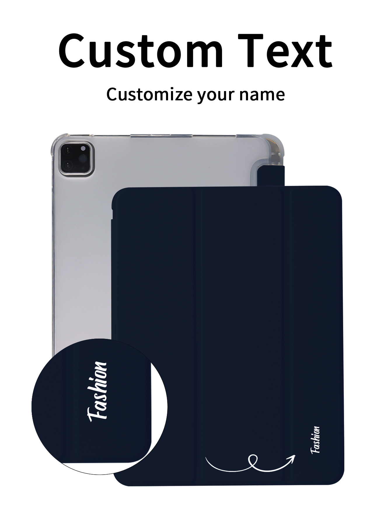 Customized Text Flat Tablet Case, Navy Blue Solid Color, Compatible With IPad Mini4/Mini5/Mini6/Mini7, IPad A16 2025, Air 11 13 M2 M3 Pro 11 13 M4 2024, Air 4 5 10th 10.9, Pro 11 9th 8th 7th 10.2 4th 5th 6th Model A8, Customized Text, Tri-Fold Stand, Built-In Pencil Slot, Soft Edge Full Coverage, Simple Casual Classic TPU Soft Shell IPad Flip Tablet Case. Note: The Final Font Style Is Subject To The Physical Picture, And There May Be Slight Color Differences. - Dark Blue - View 2
