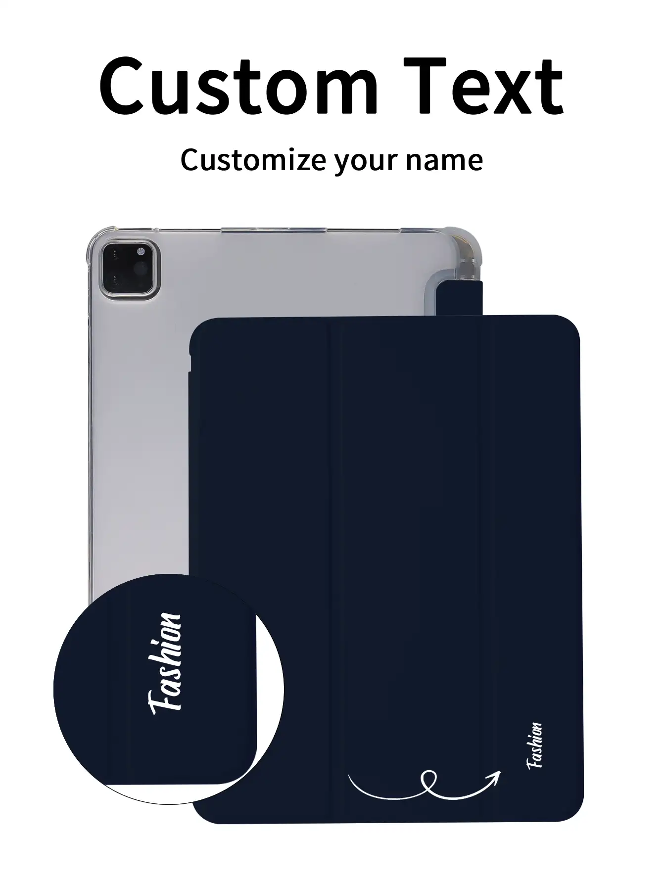 Etui na tablet z możliwością personalizacji tekstu, granatowe, jednolite, kompatybilne z iPadami Mini4/Mini5/Mini6/Mini7, iPadem A16 2025, Air 11 13 M2 M3 Pro 11 13 M4 2024, Air 4 5 10.10.9, Pro 11 9.10.8.7.10.2.4.5.6. Model A8, możliwość personalizacji tekstu, potrójnie składana podstawka, wbudowane miejsce na ołówek, miękkie krawędzie, pełne pokrycie, proste, klasyczne etui z miękkiej skorupy TPU na tablet iPad z klapką. Uwaga: ostateczny styl czcionki zależy od rzeczywistego wyglądu i mogą występować niewielkie różnice w kolorach.