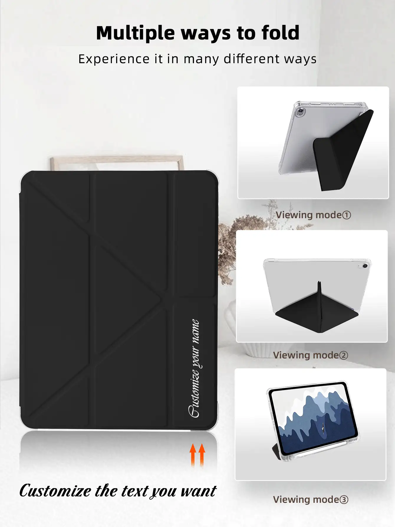 Customizable Text Transparent Pencil Slot 8-Fold Black Tablet Case, Suitable For IPad Mini6/Mini7/Air/Air2/9.7/10.2/10.5/Air4/Air5/10.9/Pro 11-Inch/10th Gen/Air 11-In.(M2)-2024/Pro11-In.(M4)-2024/Air 11-Inch (M3) 2025/IPad (A16) 11 Inch 11th Generation 2025, Multi-Angle Stand, Pencil Slot, TPU Soft Edge Protection, Magnetic Auto Sleep/Wake, Simple/Casual/Personalized/Premium/Creative Design (Tablet Not Included)