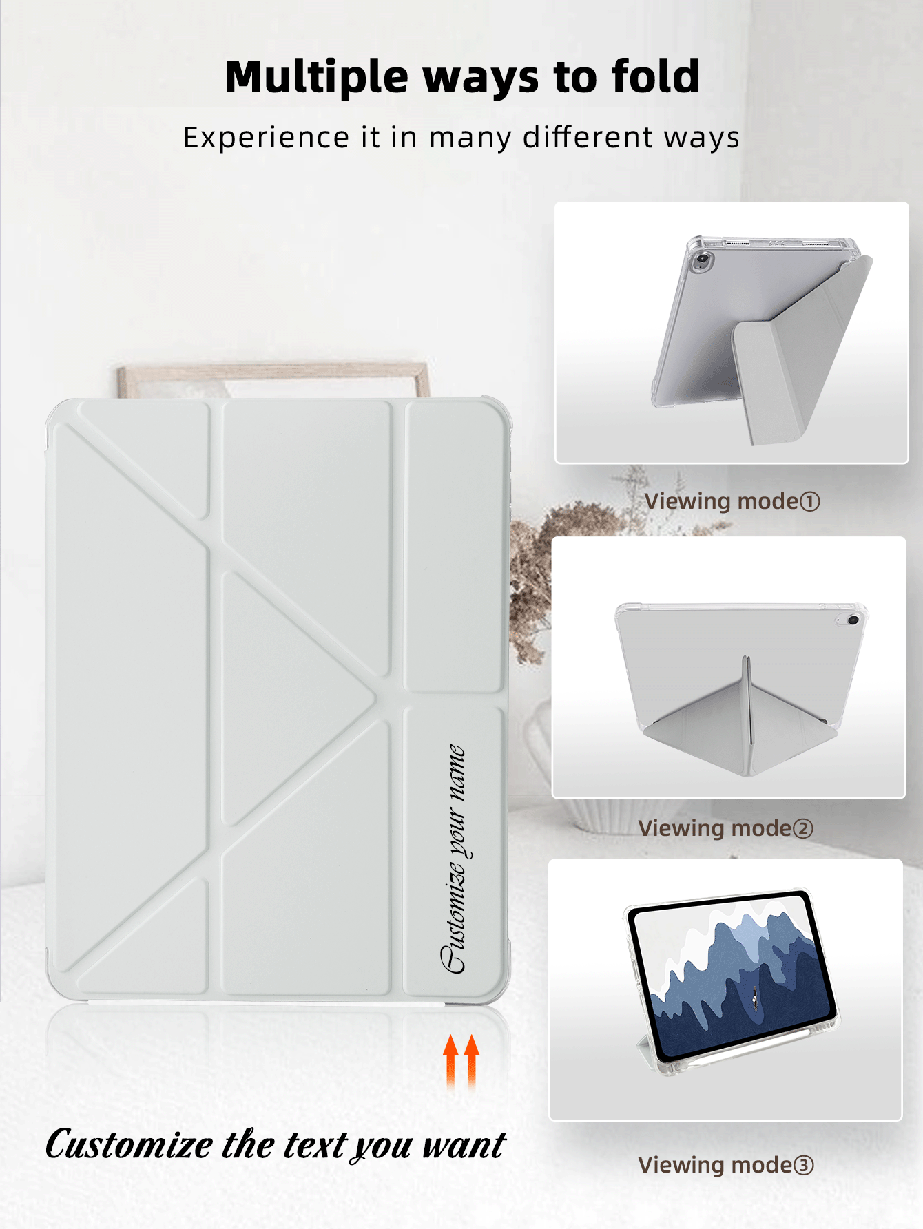 可定制文字透明笔槽灰色平板保护套，兼容 iPad Mini 6/Mini 7/Air/Air 2/9.7/10.2/10.5/Air 4/Air 5/10.9/Pro 11 英寸/第十代/Air 11 英寸 (M2)-2024/Pro 11 英寸 (M4)-2024/Air 11 英寸 (M3) 2025/iPad (A16) 11 英寸第十一代 2025，多折叠多角度支架，内置笔槽，TPU 软边保护，磁吸式自动休眠/唤醒，简约/休闲/个性化/高端/创意设计。（产品不含触控笔） - 灰色 - 查看 2