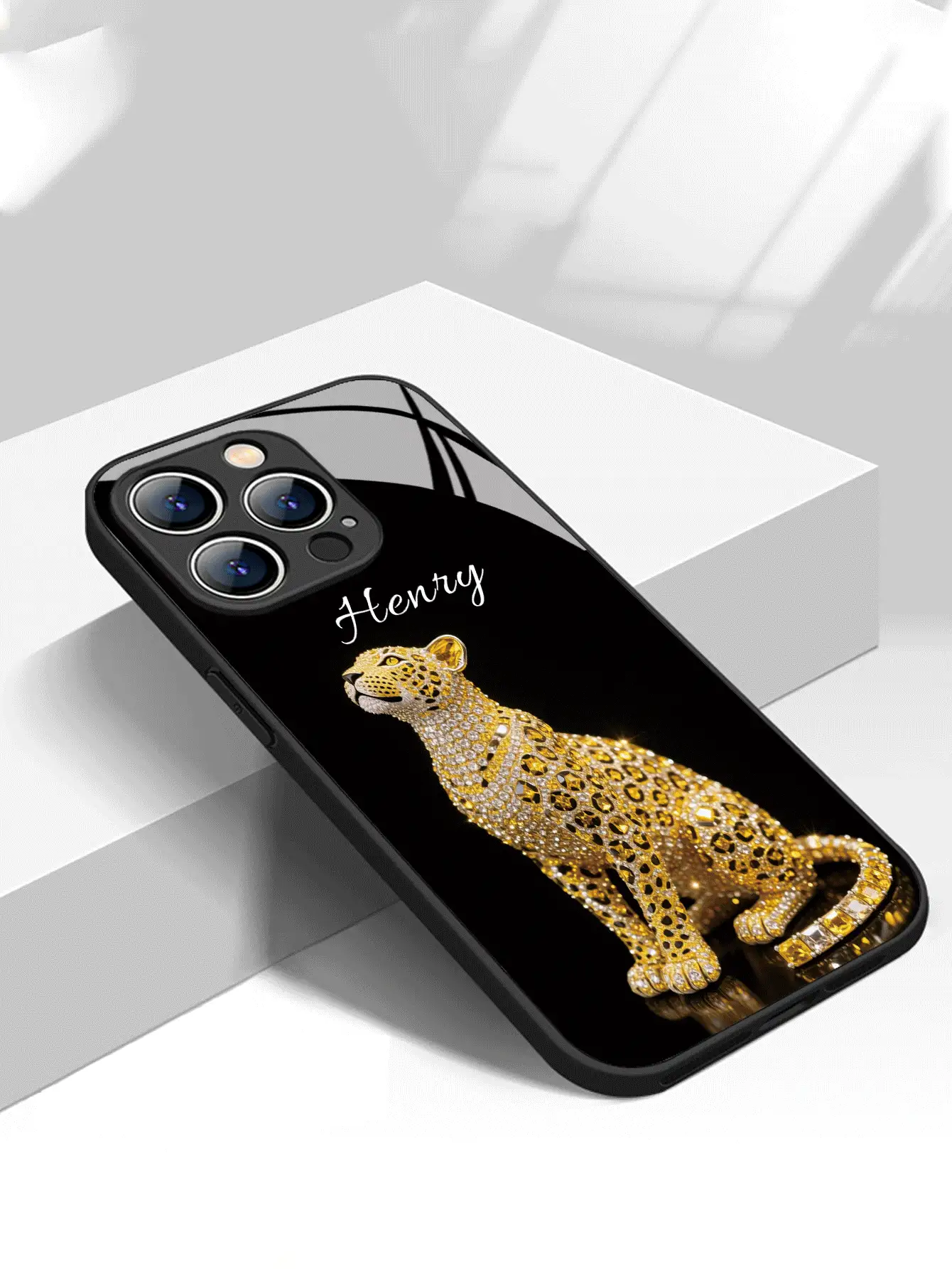 1pc Customized Black Diamond Leopard Pattern Personalized Fashionable Liquid Tempered Glass Material Shockproof Anti-Scratch Anti-Fingerprint TPU Soft Phone Case Compatible With Iphone 17 Air/16 Pro Max/15 Pro/14 Plus/13 Pro/12 Pro Max/11/Xs Max/8/7/6 Plus And S24 Ultra/S25 Ultra, Phones Accessories - Black - View 4