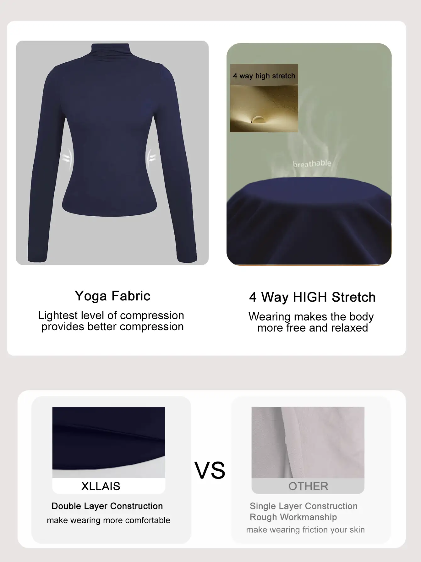 XLLAIS Áo thun dài tay cổ cao cơ bản mới năm 2025, chất liệu hai lớp co giãn ôm sát, kiểu dáng thường ngày mùa xuân. - Xanh đậm - Xem 4