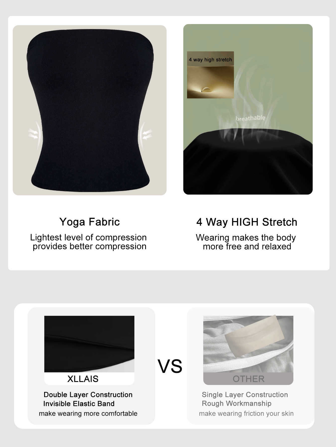 XLLAIS Sexig axelbandslös basiströja, moderiktig, enfärgad, elastisk, smal passform, tubtopp för kvinnor, fyra säsonger - Svart - Visa 3