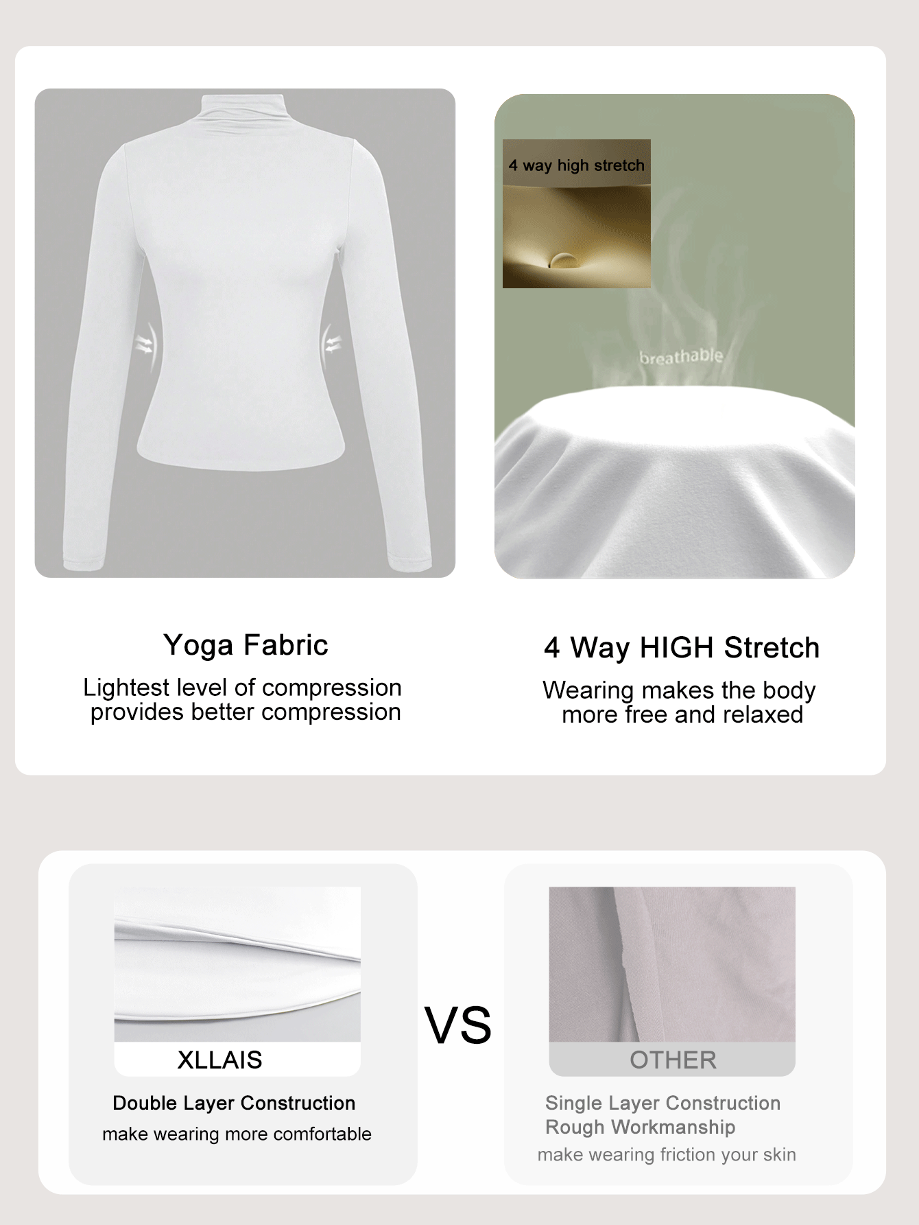 XLLAIS 2025秋冬新款基础款高领长袖T恤，双层弹力修身款上衣 - 白色 - 查看 5