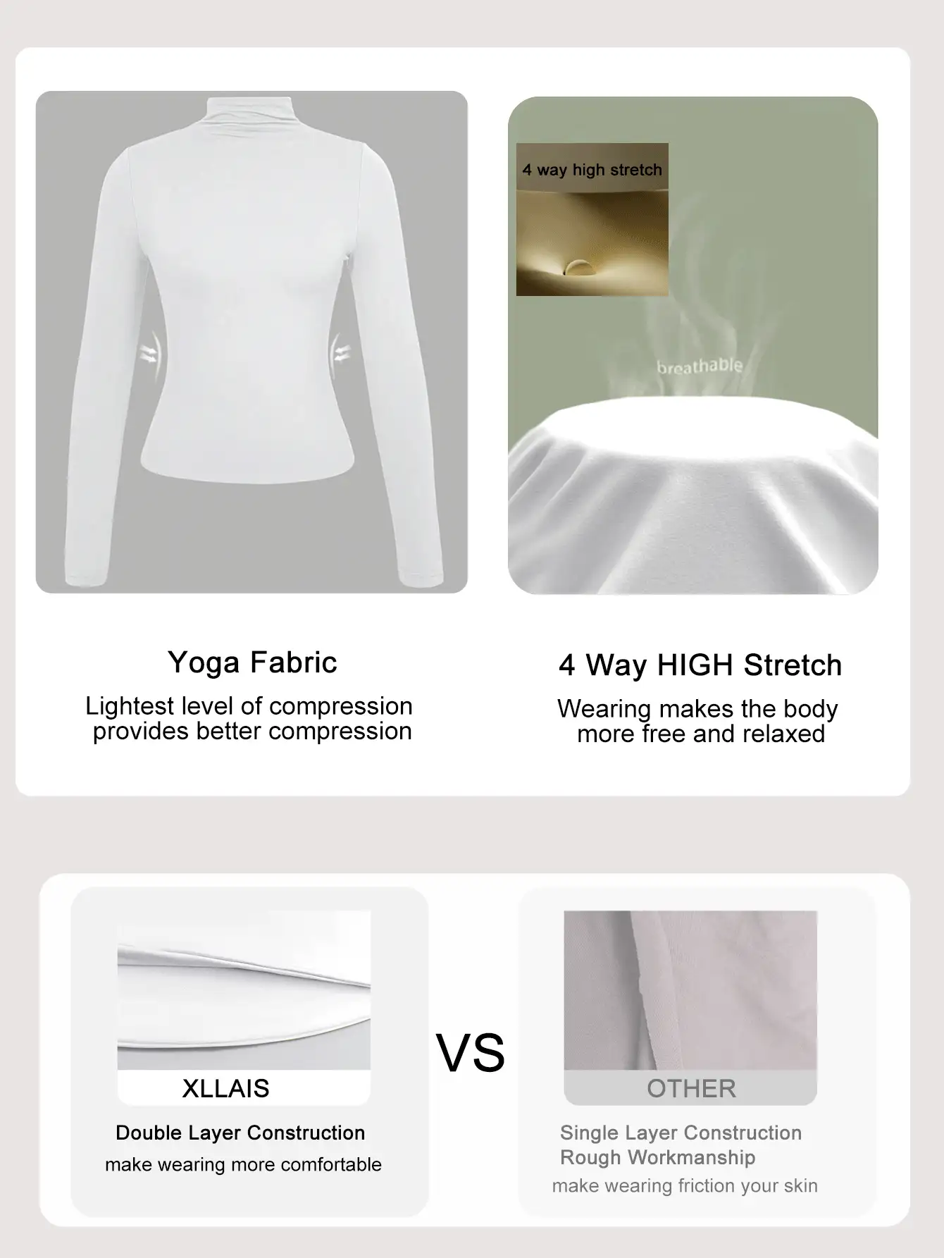 XLLAIS 2025 Autumn/Winter New Basic High Neck Long Sleeve T-Shirt, Double-Layer Elastic Slim Fit Top - White - View 5