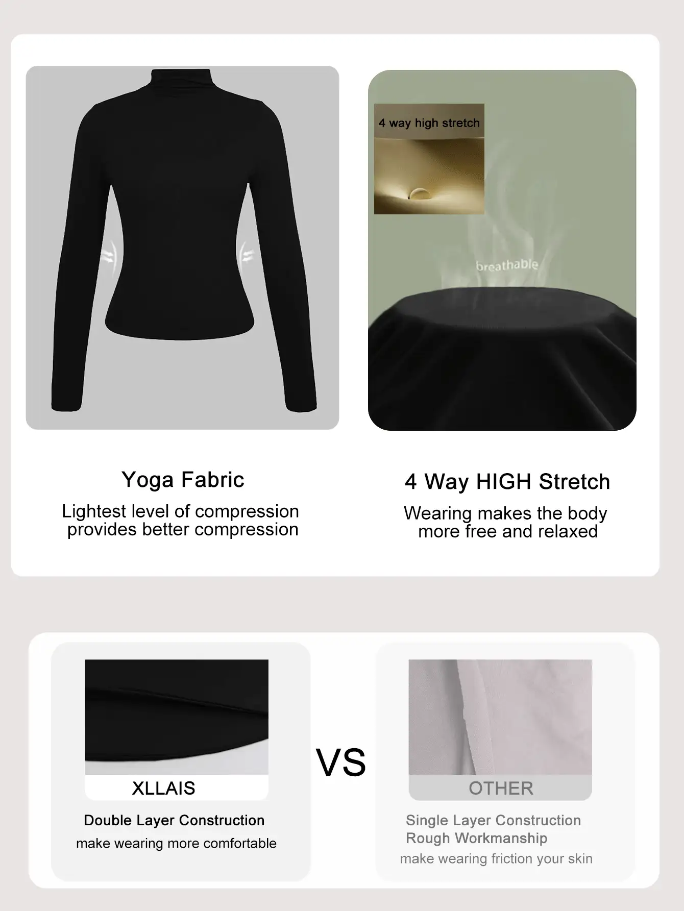 XLLAIS 2025 New Basic Long Sleeve High Neck T-Shirt, Double-Layer Elastic Tight Fit Top - Black - View 3
