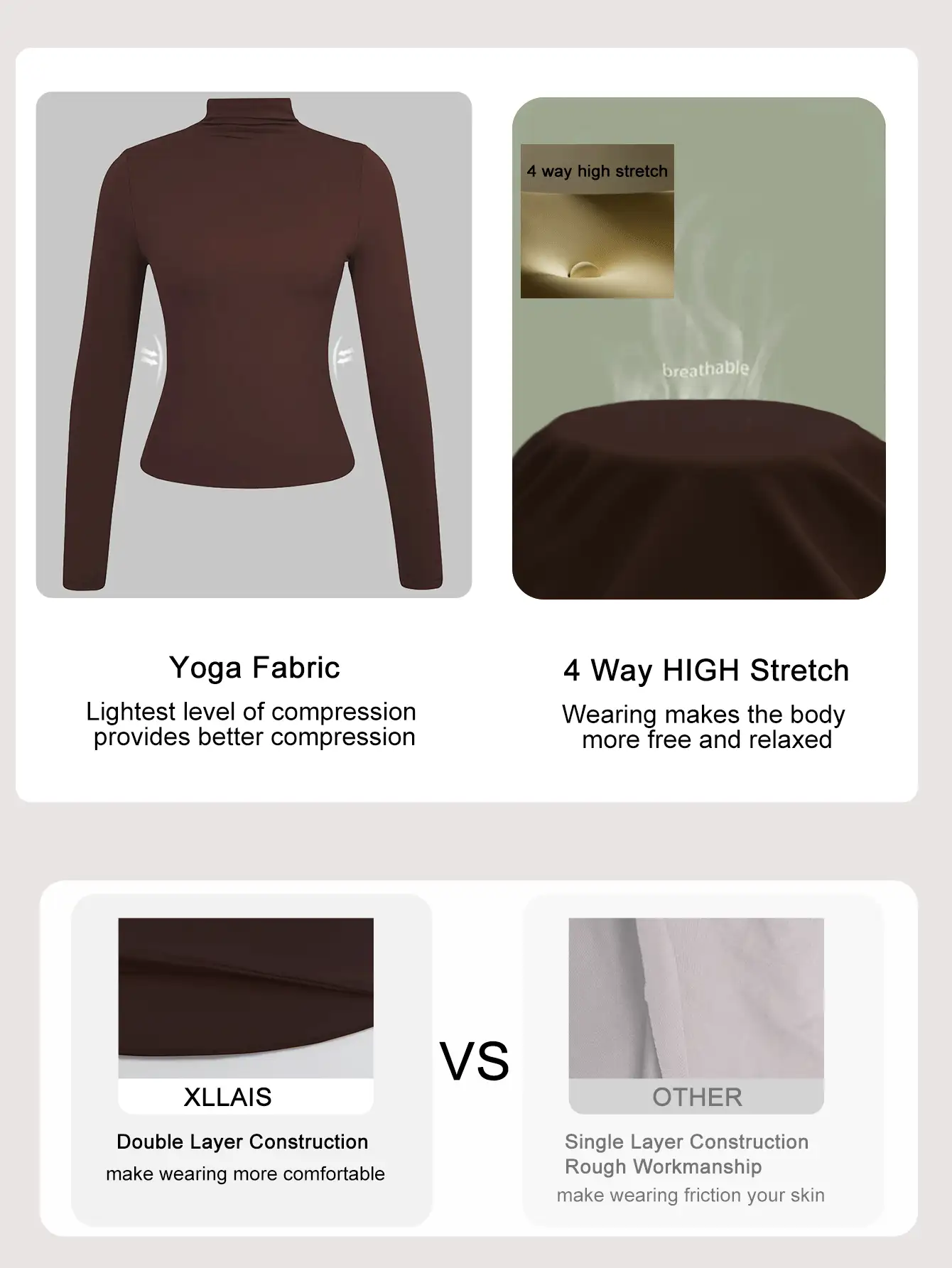 XLLAIS Áo thun dài tay cổ cao cơ bản mới năm 2025, chất liệu hai lớp co giãn ôm sát, kiểu dáng thường ngày mùa xuân. - Màu nâu sẫm - Xem 3