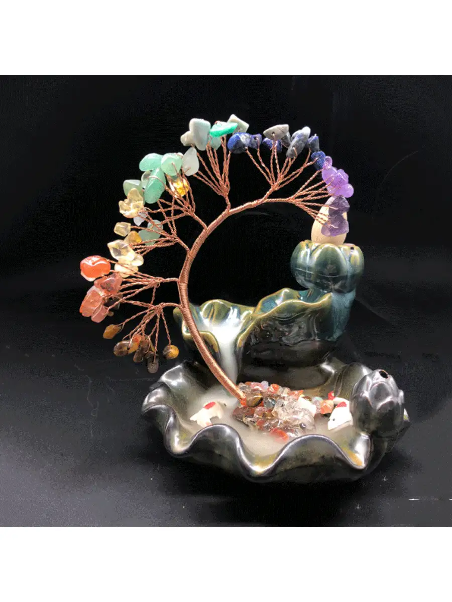 1pc Waterfall Incense Burner, Ceramic Incense Holder With Rose Quartz Crystal Tree, For Yoga Meditation And Home Decor, Air Purifying, Gift For Mom - Crystal Tree Curved - View 3