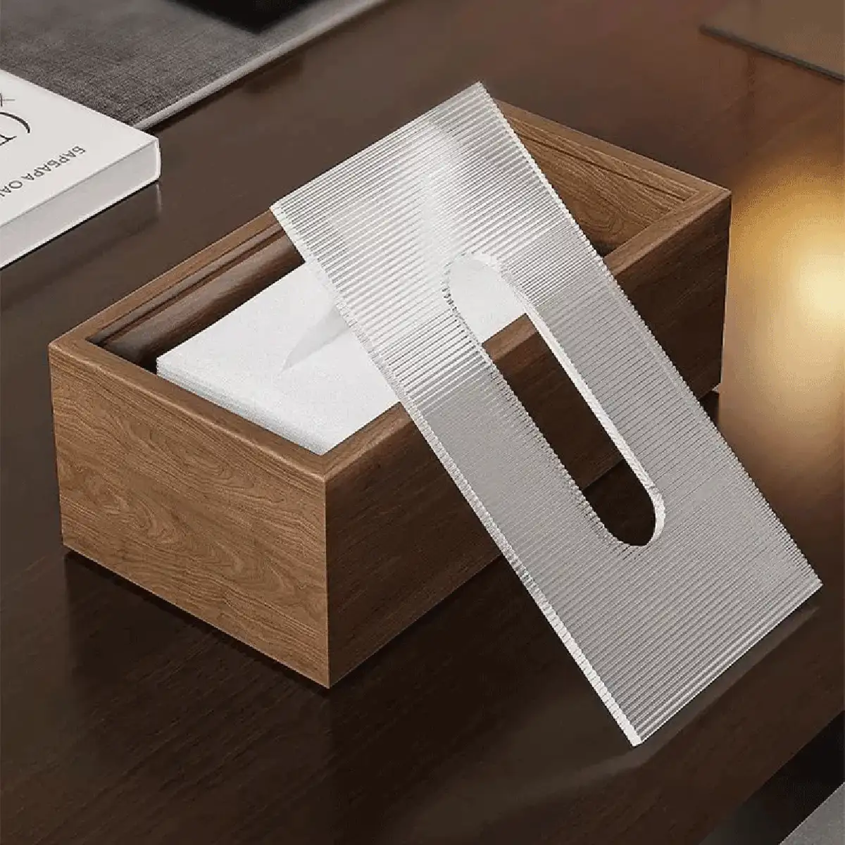 北欧风格木质纸巾盒，带亚克力盖，条纹图案，适合家庭和餐厅使用，可用作餐巾纸盒或桌面收纳盒
