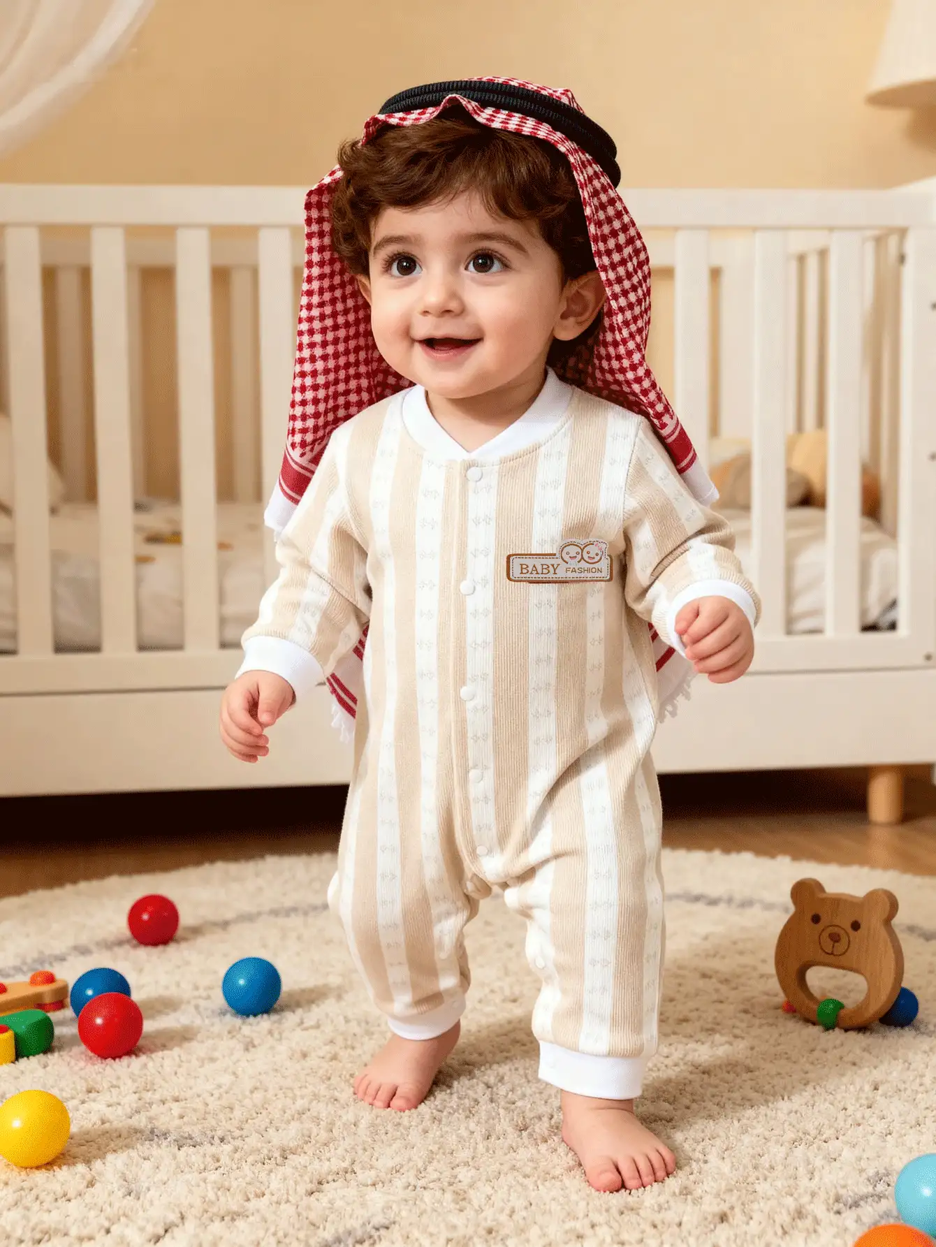 新生儿条纹简约英文字母刺绣前扣连体衣，婴儿长袖连体衣 - 杏色 - 查看 3