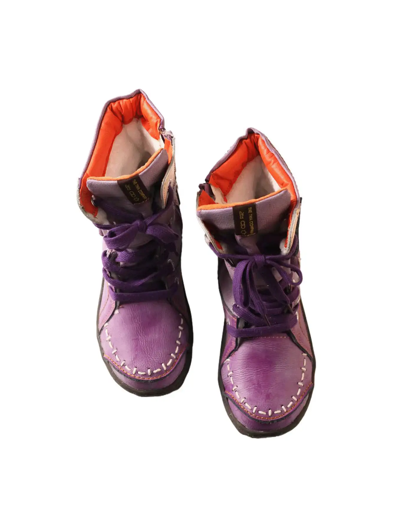 1 Pair TMA EYES Vintage Style Handcrafted Stitching & Machine Stitching PU Patchwork Contrast Color Distressed Shoe Upper, Faux Fur Lining, Jacquard Shoelace, Hook-And-Loop Closure, Non-Slip Durable Comfortable Warm Outdoor Casual Plus Size Wide Fit Ladies Ankle Boots - Purple - View 11