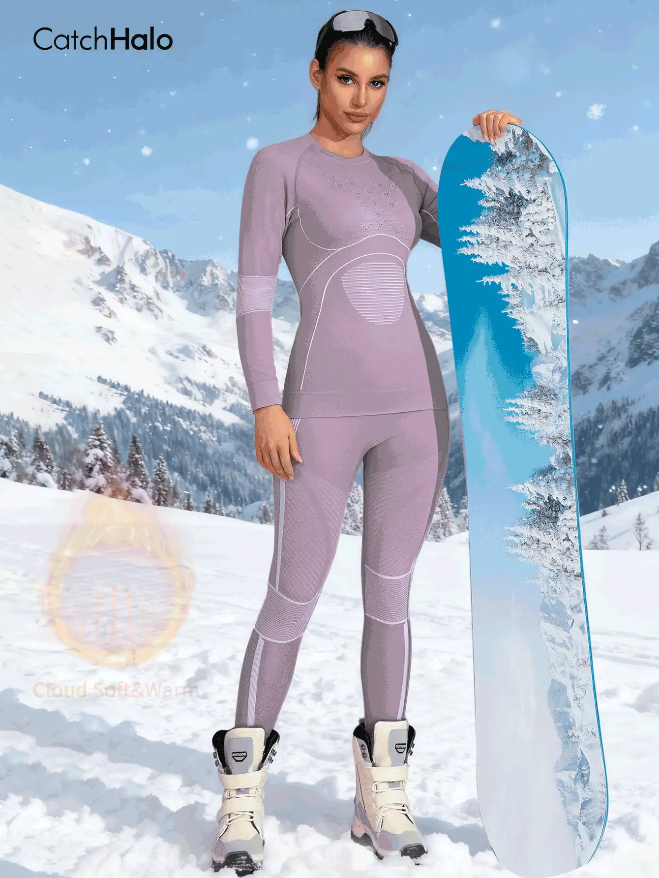 1pc Seamless Ski Suit, Soft Lavender Ribbed Slim Fit, Breathable & Warm, Quick-Drying Cloud-Like Softness Sports - Dusty Pink - View 4