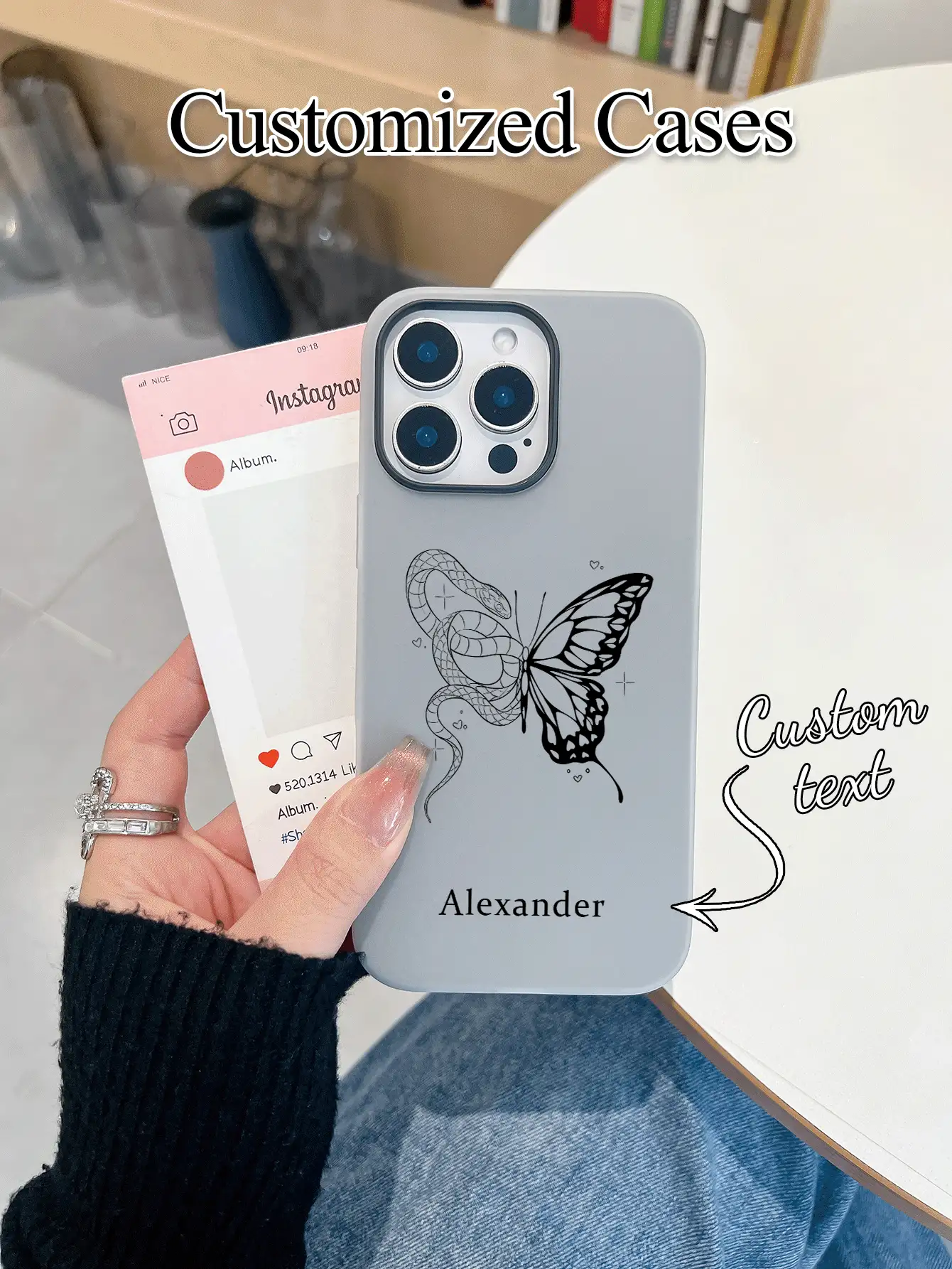1 pieza Funda de teléfono personalizada con diseño de piel de serpiente con mariposa + Tu Nombre, compatible con iPhone 17 Pro Max/16 Pro Max/15 Pro/14 Plus/13 Pro/12 Pro Max/11/7P/XS/XR, accesorios personalizados