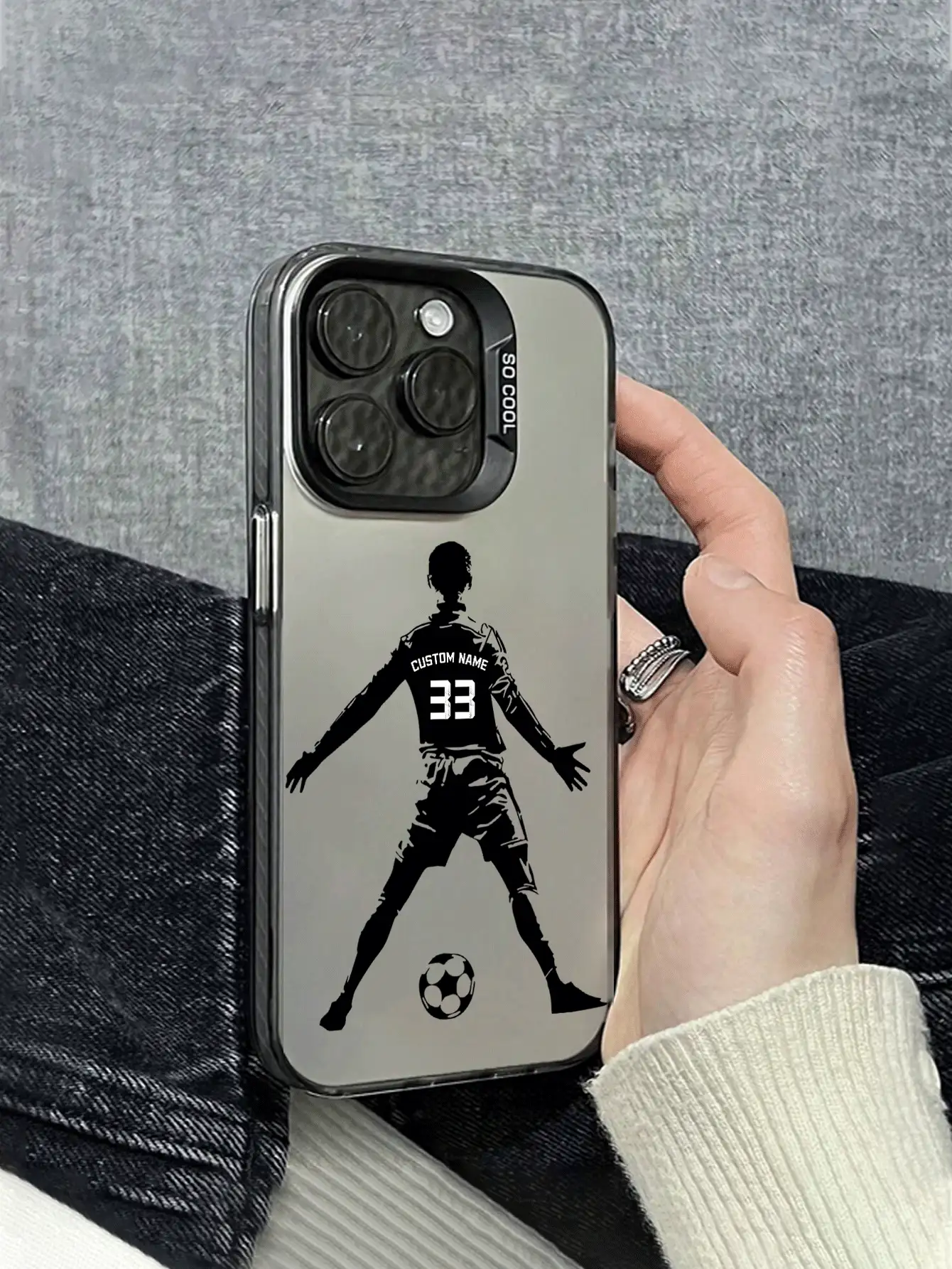 1pc Customizable Letter Name Phone Case, Football Element Pattern, Compatible With Samsung S24 Ultra/S25 Ultra And Compatible With IPhone 17 Pro Max/16 Pro/15/14 Plus/13 Pro/12 Pro Max/11/7P/XS/XR, Hard PC Material, Scratch-Resistant, Fingerprint-Proof, Suitable As Birthday, Anniversary Gift For Personal, Partner, Family, Friend, Couples, Sibling - Black - View 3