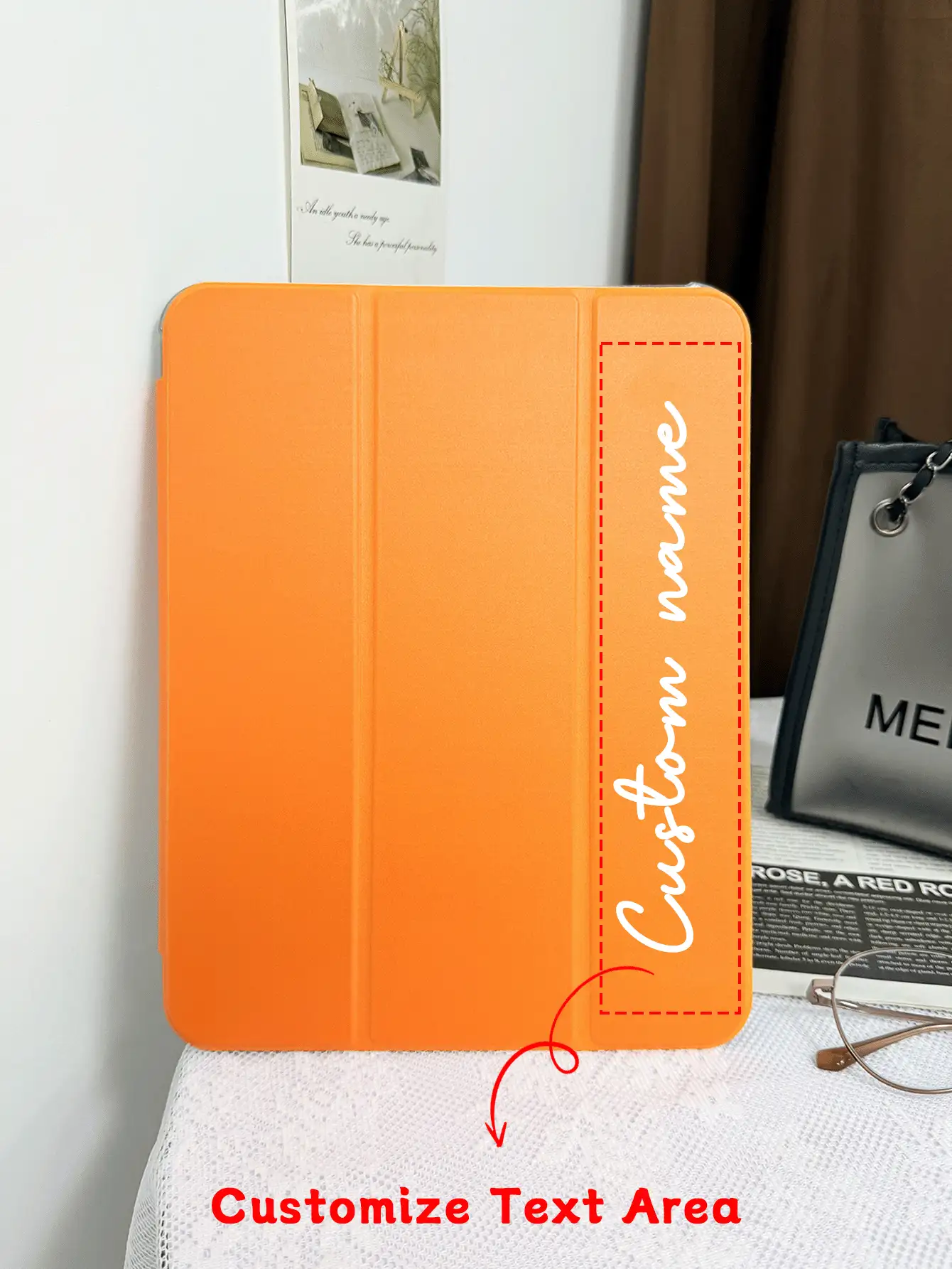 Customized Text Flat Tablet Case, Orange Solid Color, Suitable For IPad Mini4/Mini5/Mini6/Mini7, IPad A16 2025, Air 11 13 M2 M3 Pro 11 13 M4 2024, Air 4 5 10th 10.9, Pro 11 9th 8th 7th 10.2 4th 5th 6th Model A8, Customized Text, Tri-Fold Stand, Built-In Pen Slot, Soft Edge Full Coverage, Minimalist Casual Classic TPU Soft Shell IPad Flip Tablet Case. Note: The Final Font Style Is Subject To The Physical Picture, And There May Be Slight Color Differences. - Orange - View 4
