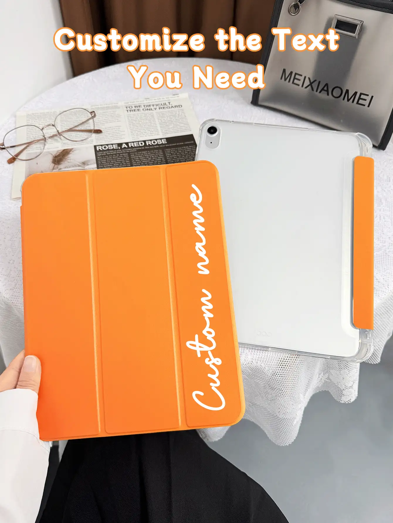 Customized Text Flat Tablet Case, Orange Solid Color, Suitable For IPad Mini4/Mini5/Mini6/Mini7, IPad A16 2025, Air 11 13 M2 M3 Pro 11 13 M4 2024, Air 4 5 10th 10.9, Pro 11 9th 8th 7th 10.2 4th 5th 6th Model A8, Customized Text, Tri-Fold Stand, Built-In Pen Slot, Soft Edge Full Coverage, Minimalist Casual Classic TPU Soft Shell IPad Flip Tablet Case. Note: The Final Font Style Is Subject To The Physical Picture, And There May Be Slight Color Differences. - Orange - View 3