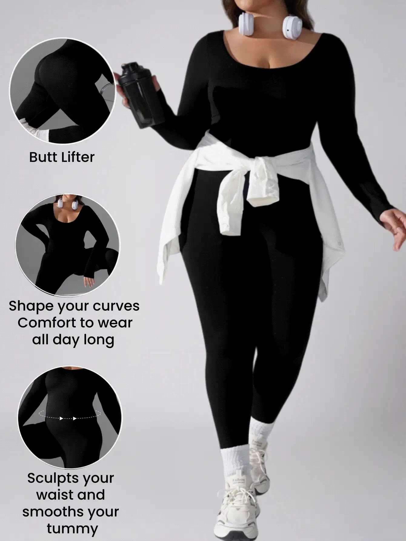 1 buc Salopetă modelatoare confortabilă pentru femei, mărime plus, fără cusături, culoare solidă, cu guler rotund, salopetă de yoga la modă, cu mânecă lungă, prietenoasă cu pielea, ajustează figura, subțiază talia și ridică fesele, potrivită pentru yoga, sport și antrenament