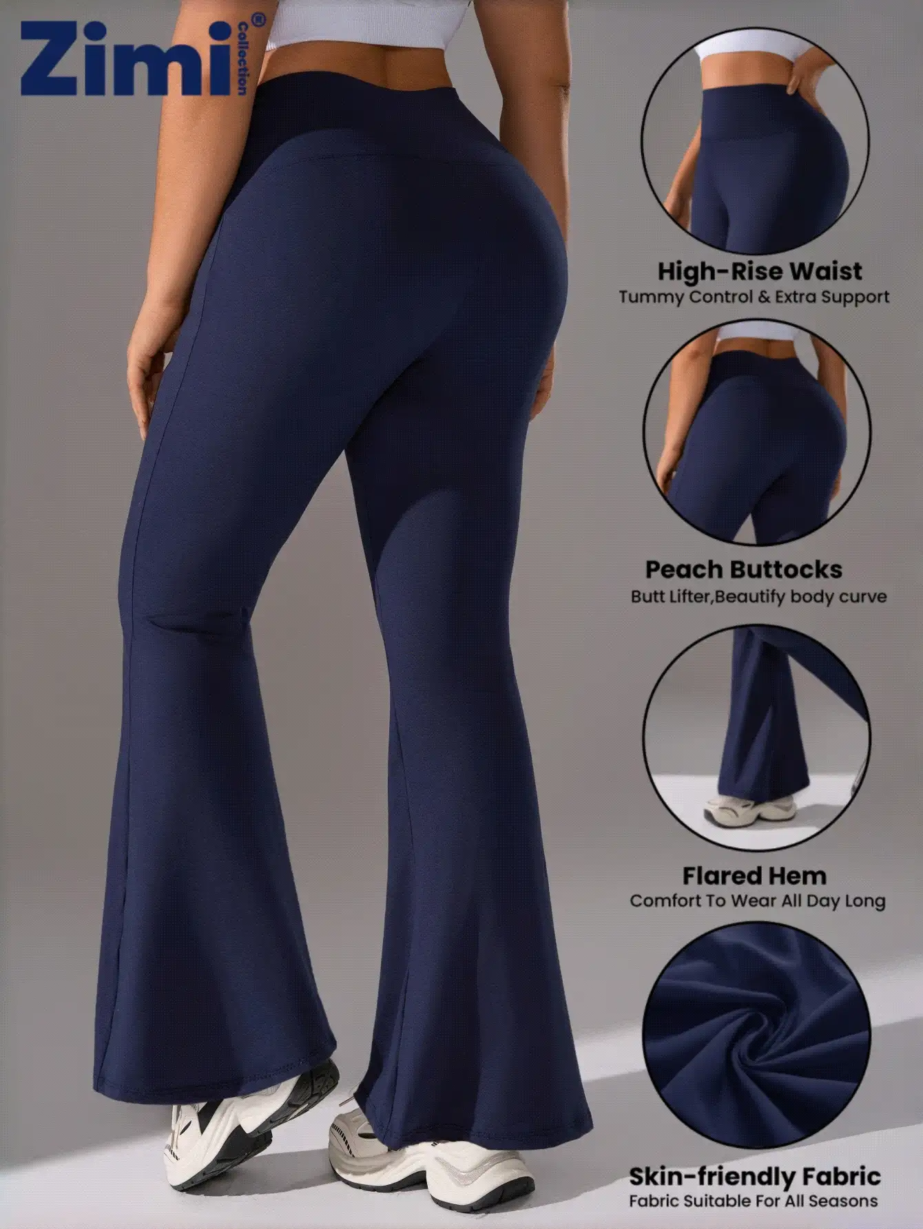 Zimi Collection 1 Quần legging định hình màu trơn cỡ lớn cho nữ, quần thể thao ống loe thoải mái, thân thiện với da, thích hợp cho tập yoga, tập luyện và mặc hàng ngày, mùa thu/đông - Màu xanh hải quân - Xem 2