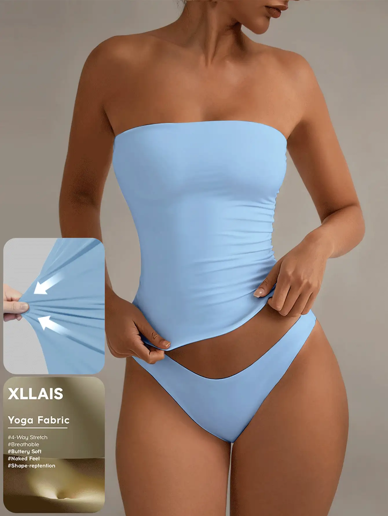 XLLAIS 性感无肩带基础款背心，时尚纯色弹力修身浅蓝色抹胸上衣，四季皆宜。 - 天藍色 - 查看 9