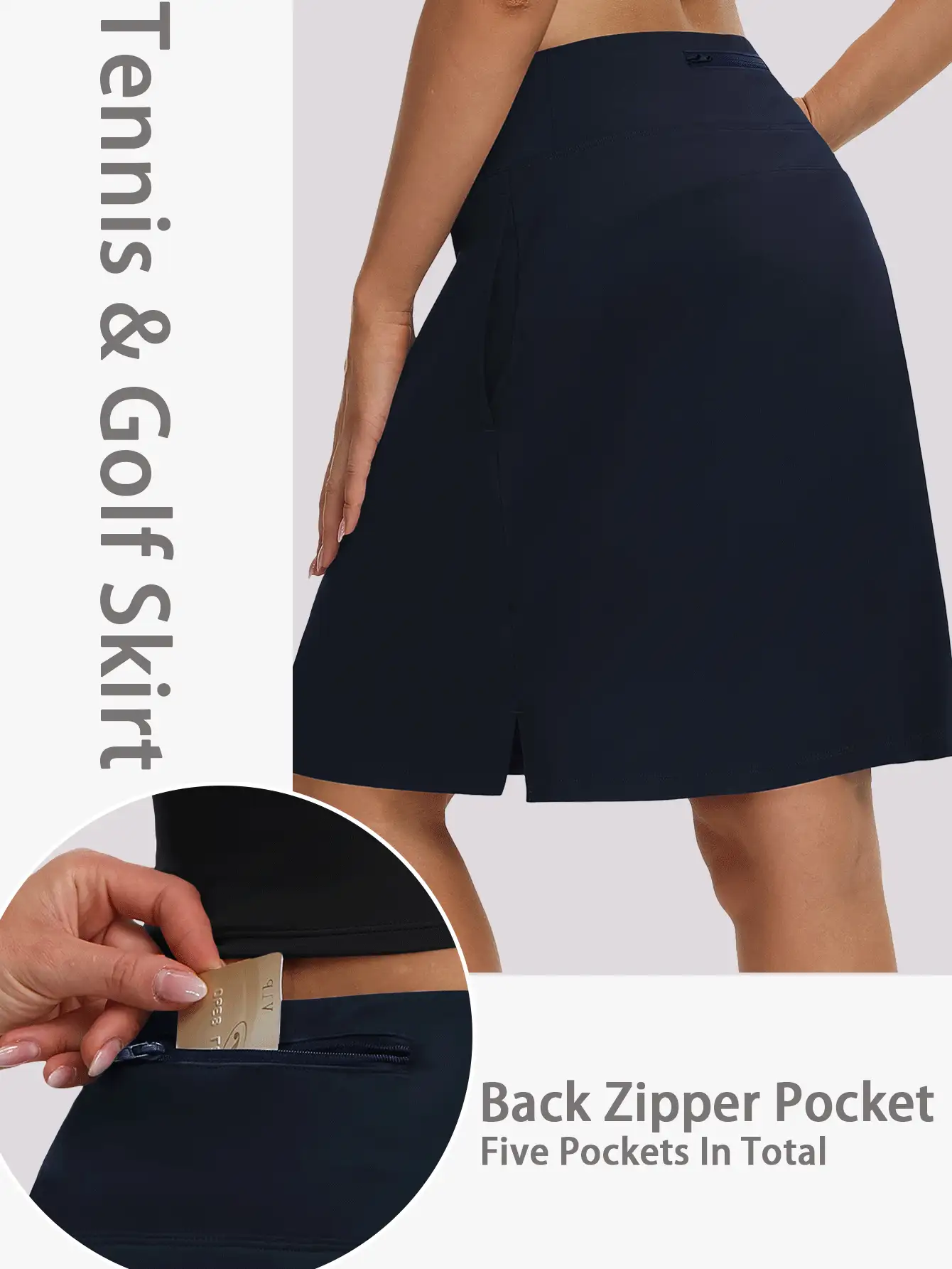2-In-1 Mid-Length Tenis Para Mujer Skirt, High Waist 20'' Knee Length Golf Skorts With Inner Shorts Pockets, Quick Drying Sport Yoga Fitness Skirts, Ropa Deportiva Mujer - Navy Blue - View 2