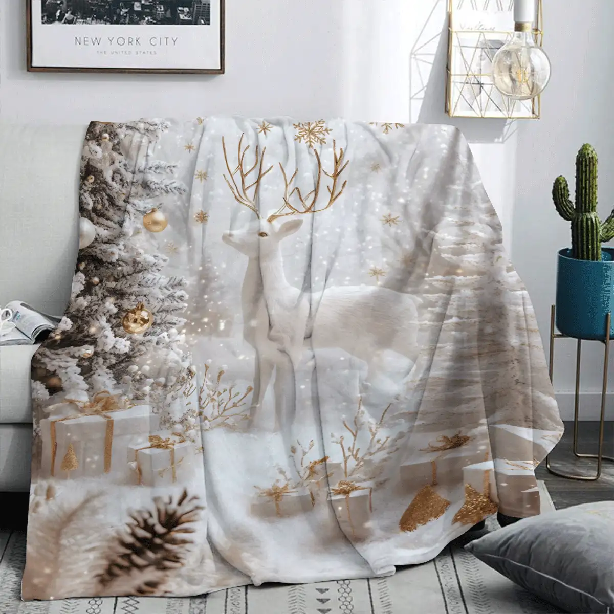 1 Stück Weihnachts-Rentier Flanell Decke: Eiswald Elemente, warme Winter Atmosphäre Flanell Decke, moderne Polyester rechteckige Decke geeignet für verschiedene Anlässe