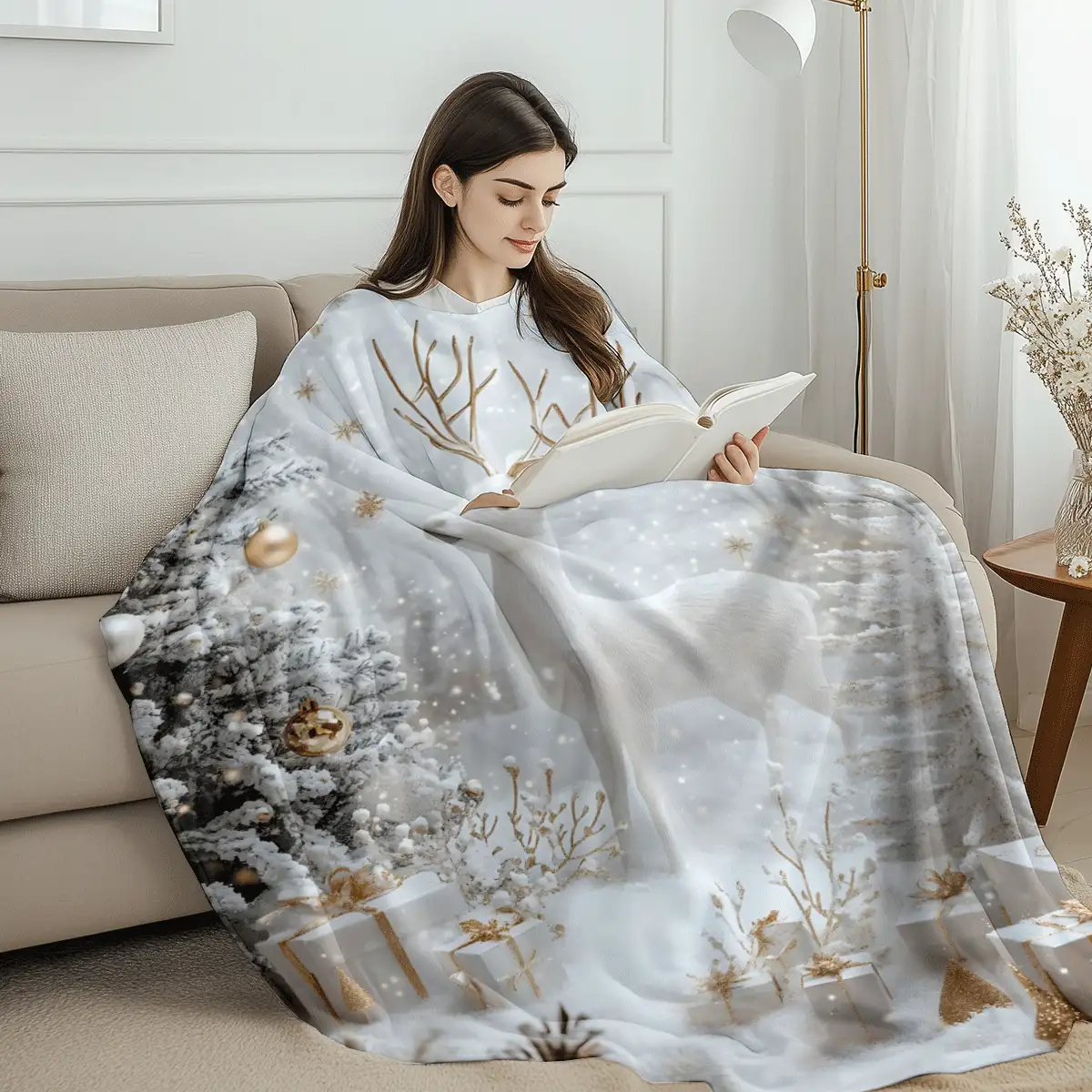 1 Stück Weihnachts-Rentier Flanell Decke: Eiswald Elemente, warme Winter Atmosphäre Flanell Decke, moderne Polyester rechteckige Decke geeignet für verschiedene Anlässe