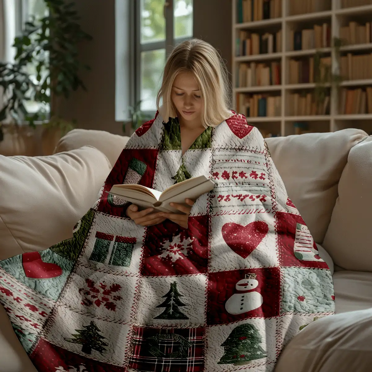 1 件圣诞元素拼布法兰绒毯：雪人与圣诞树图案，温暖的冬季氛围法兰绒毯，现代涤纶矩形毯适合多种场合