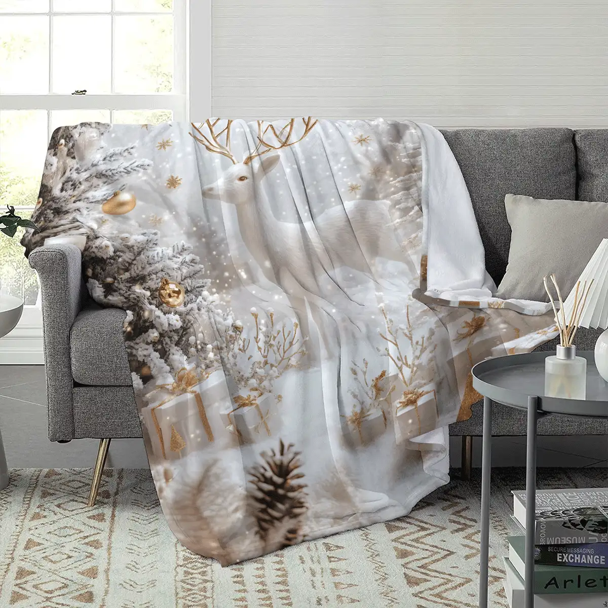 1 Stück Weihnachts-Rentier Flanell Decke: Eiswald Elemente, warme Winter Atmosphäre Flanell Decke, moderne Polyester rechteckige Decke geeignet für verschiedene Anlässe