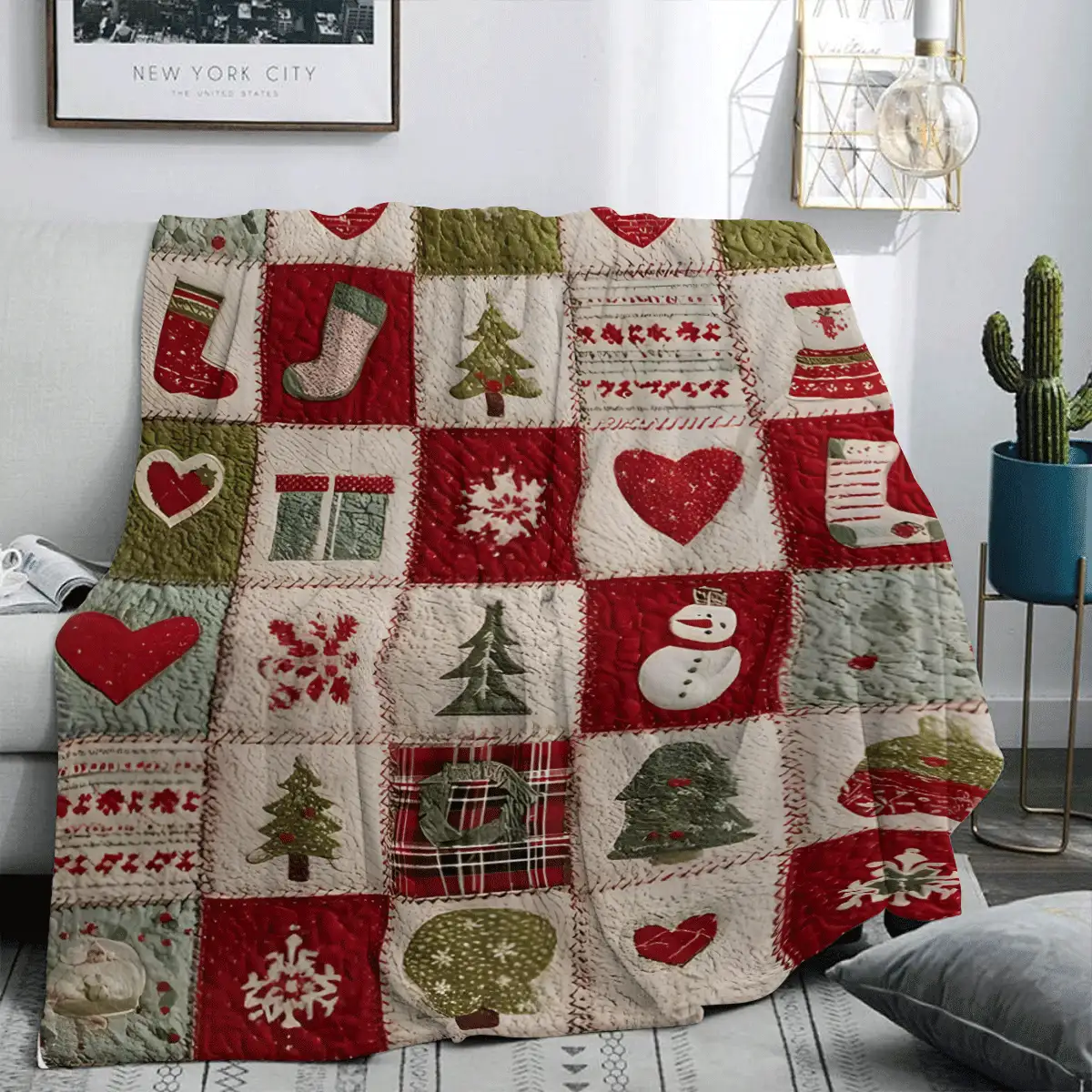 1 件圣诞元素拼布法兰绒毯：雪人与圣诞树图案，温暖的冬季氛围法兰绒毯，现代涤纶矩形毯适合多种场合